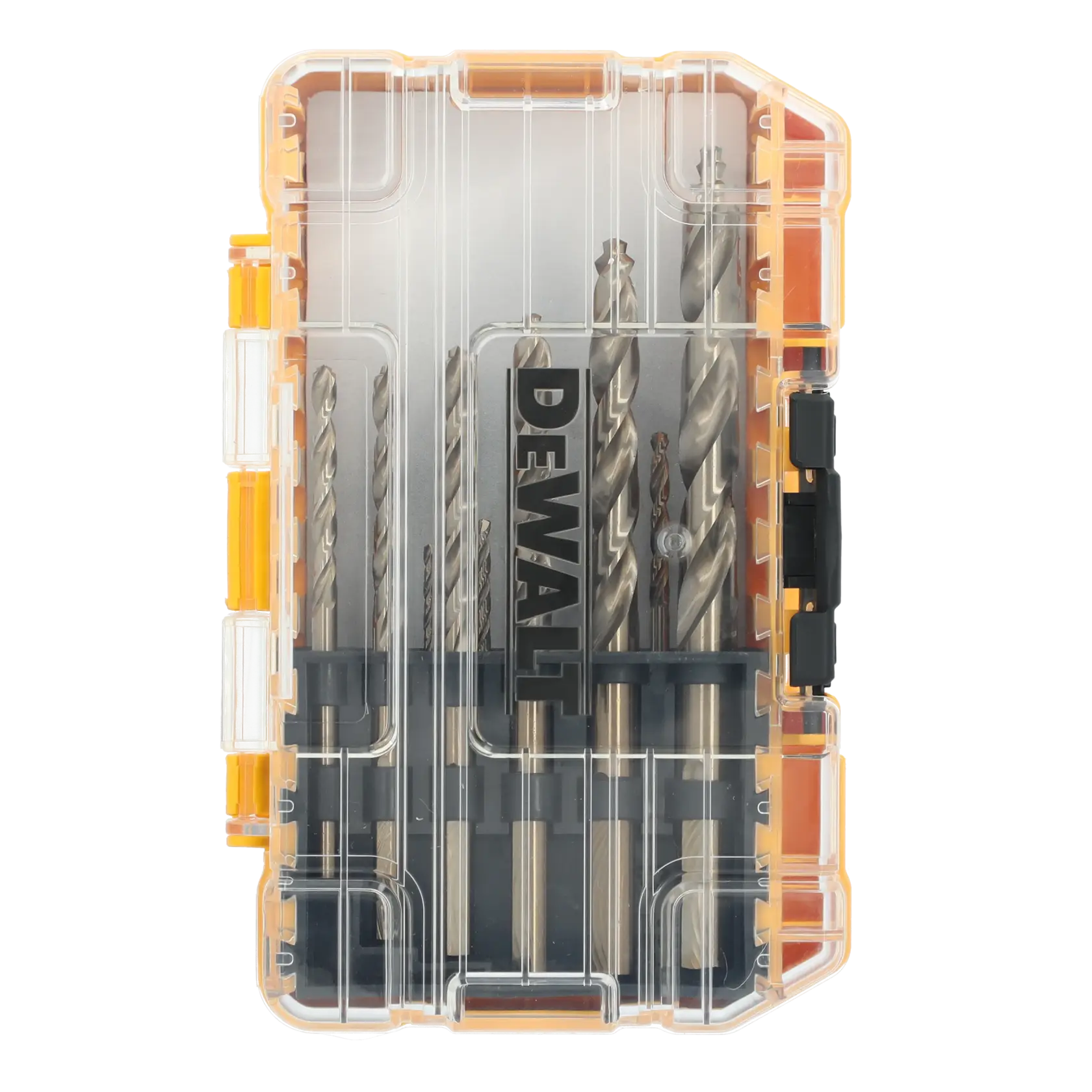 A DEWALT set of drill bits in a transparent plastic case with yellow and black accents. The drill bits are arranged upright and visible through the clear cover.