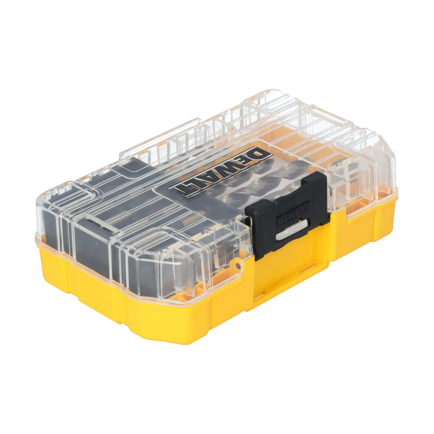 A DEWALT branded yellow and transparent plastic storage case with a black latch, viewed at an angle on a white background.