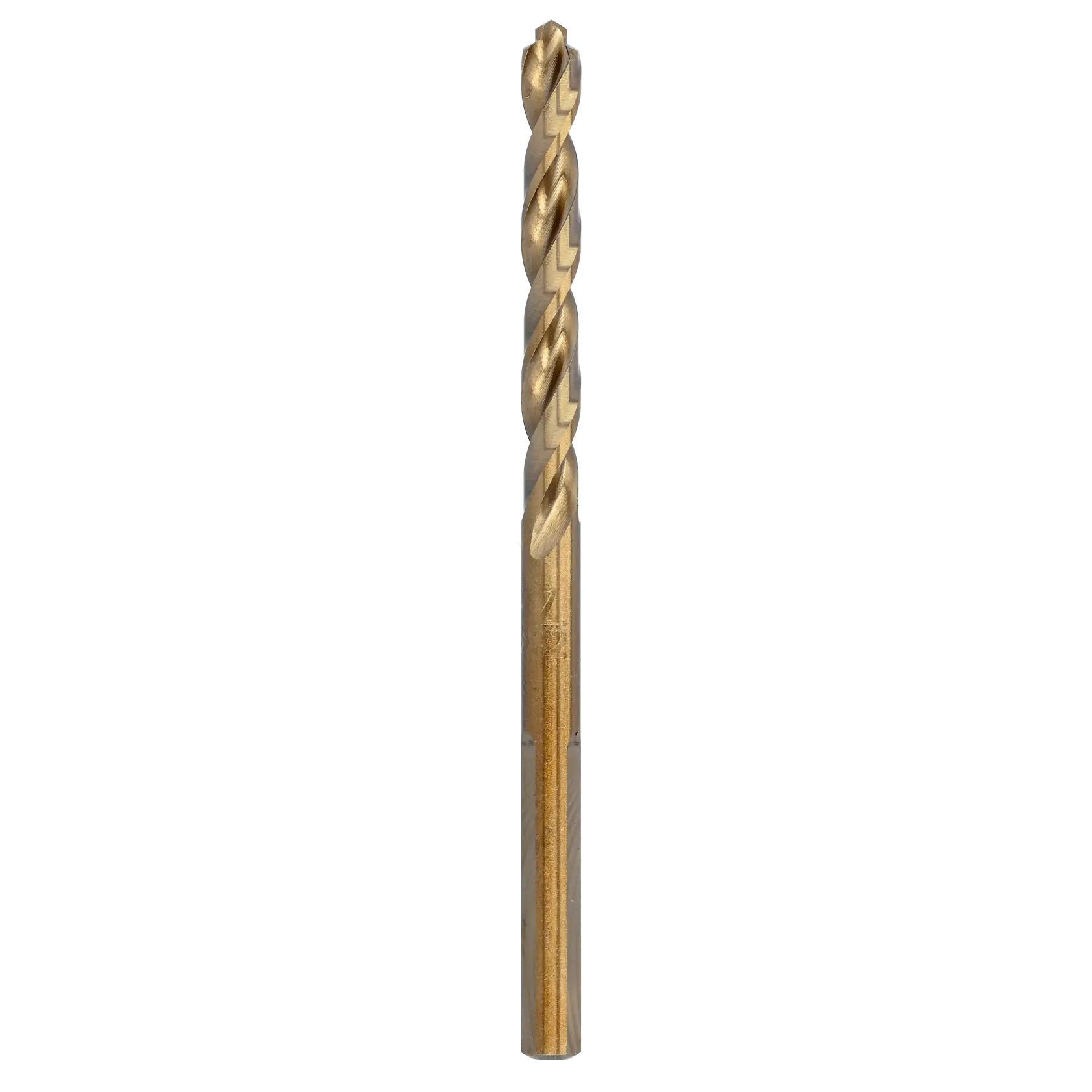 A single gold-colored DEWALT drill bit with a spiral design, shown vertically against a white background.
