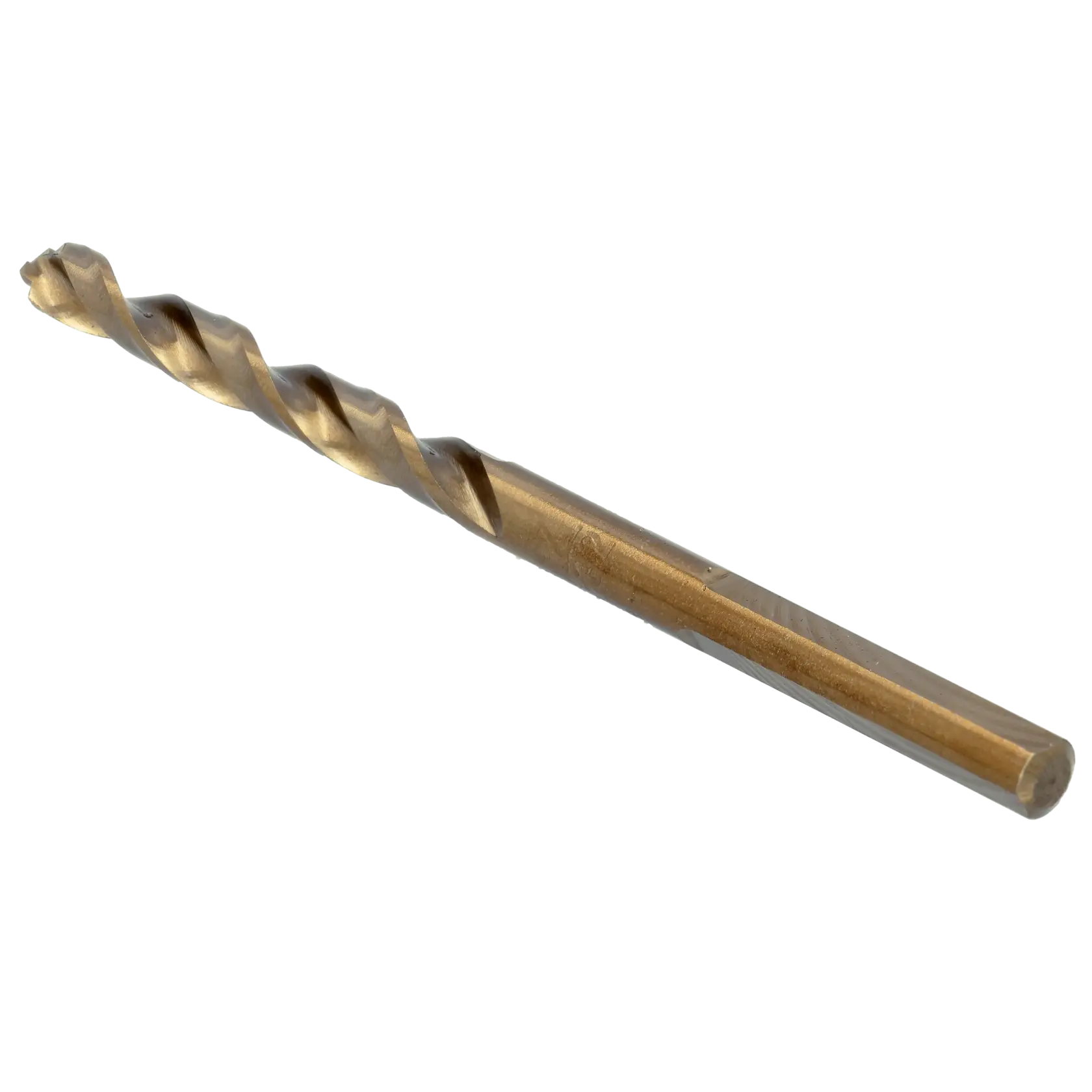 A close-up image of a metallic drill bit with a spiral design, used for drilling holes in materials.