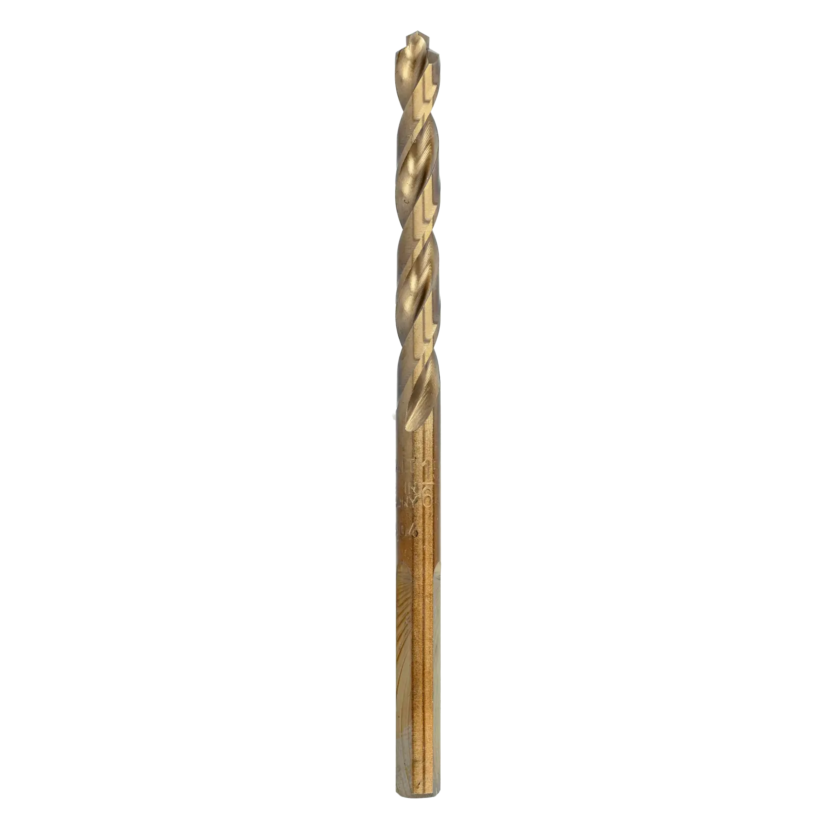 A single gold-colored DEWALT drill bit standing upright against a white background.