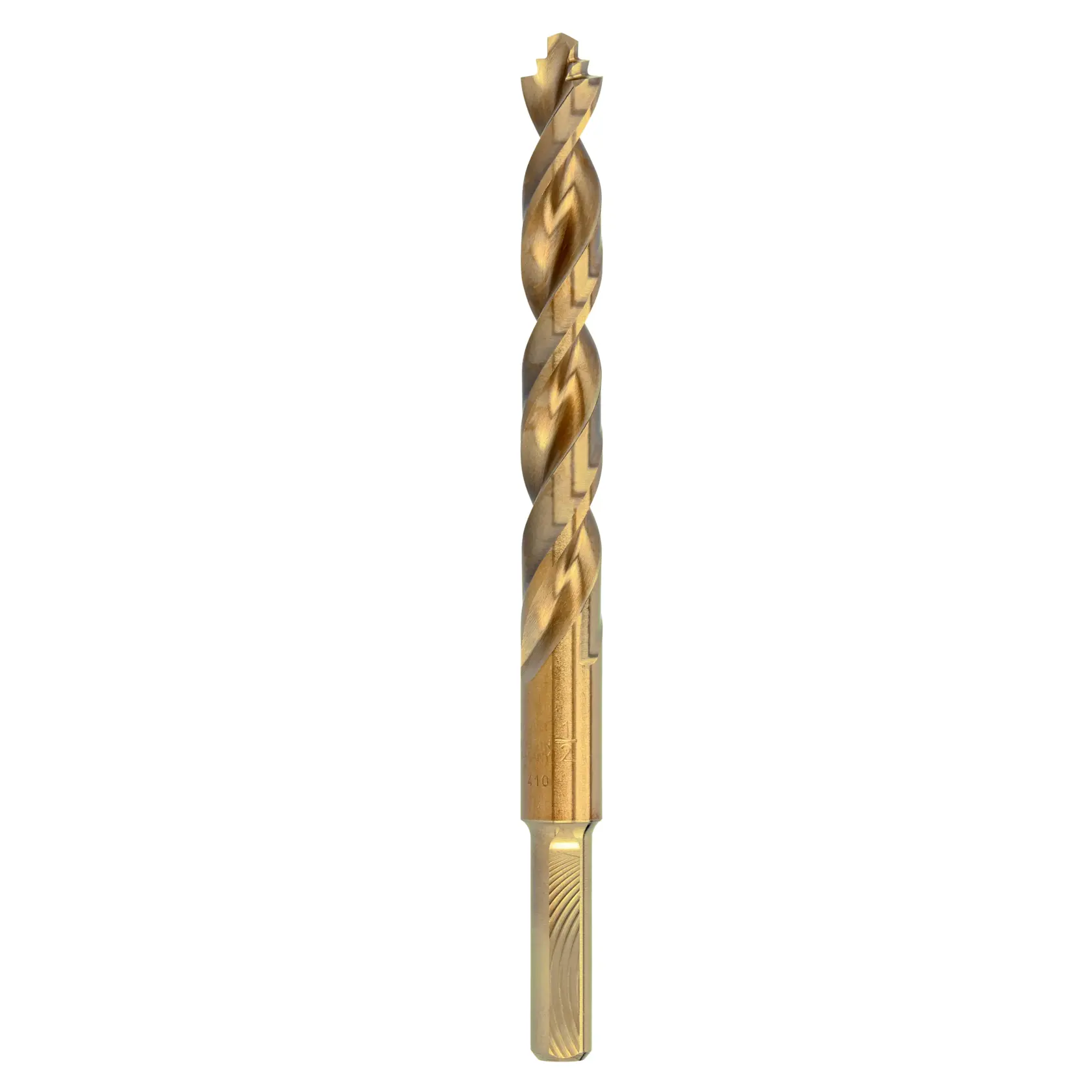 A single gold-colored drill bit with a spiral design, shown upright against a white background.
