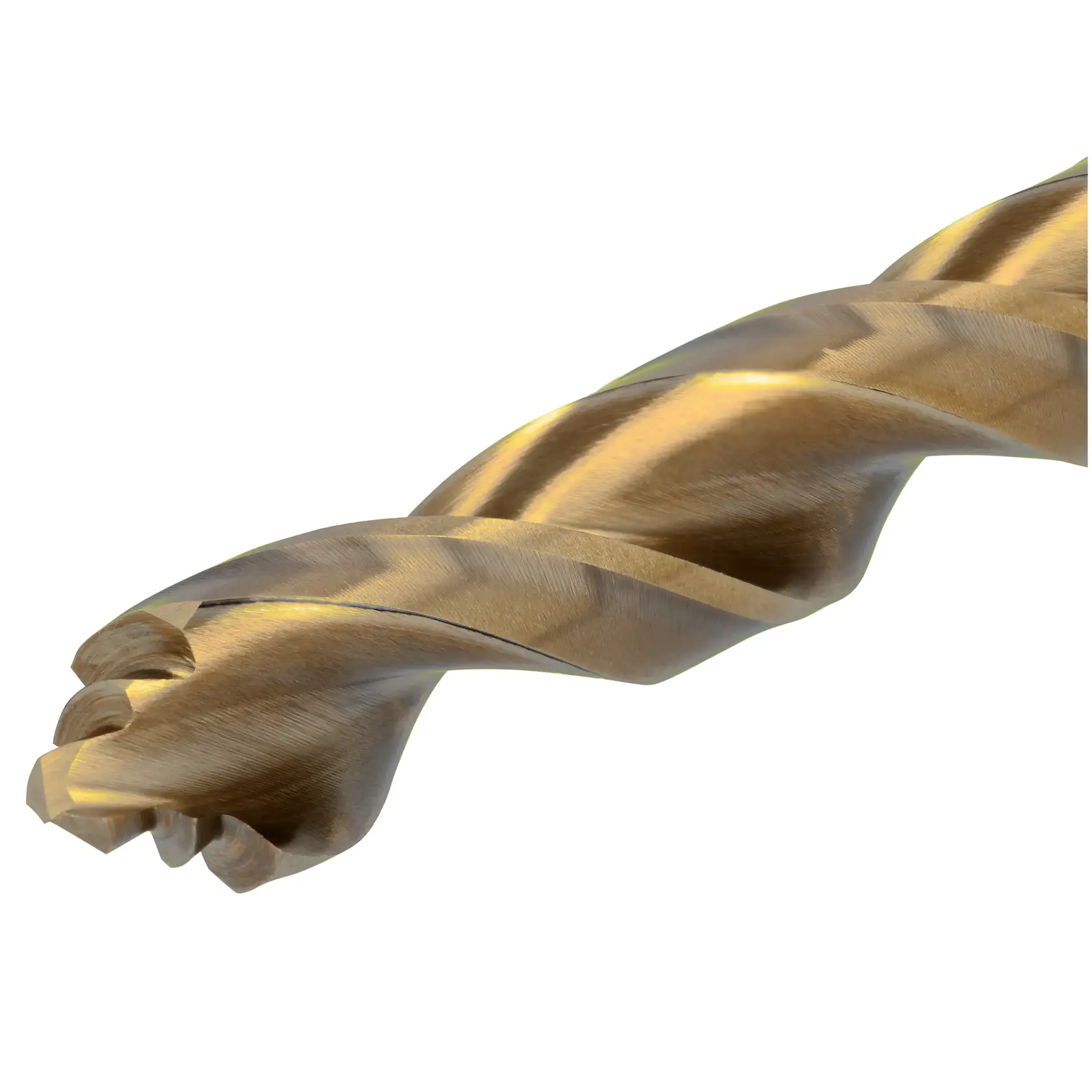 Close-up view of a DEWALT gold-colored metal drill bit with a spiral design, showing the tip and cutting edges against a white background.