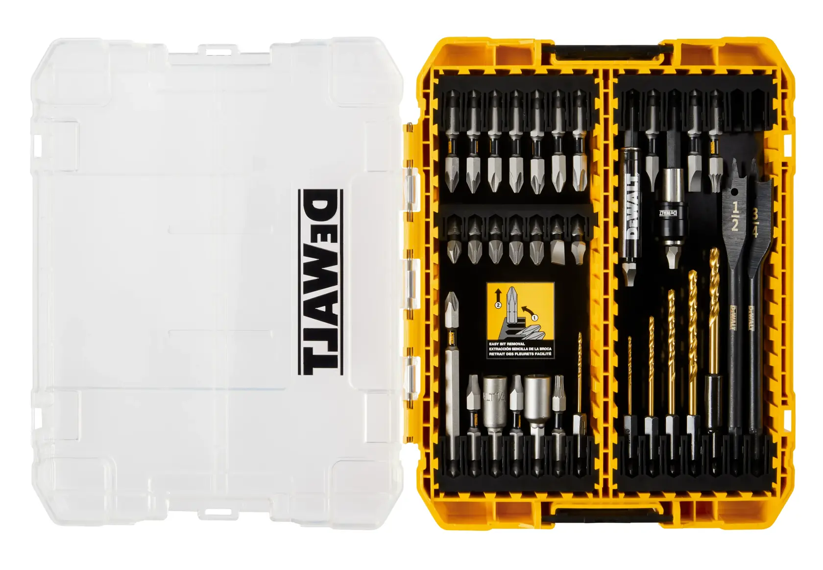 A DEWALT-branded yellow and transparent plastic case opened to reveal a set of drill bits and screwdriver bits organized in compartments. The set includes various sizes and types of bits, some with black or silver finishes and some gold-colored drill bits.