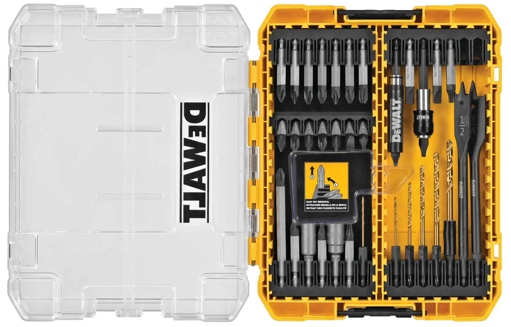 A DEWALT branded clear and yellow plastic case containing an assortment of drill bits and screwdriver bits organized neatly in compartments.