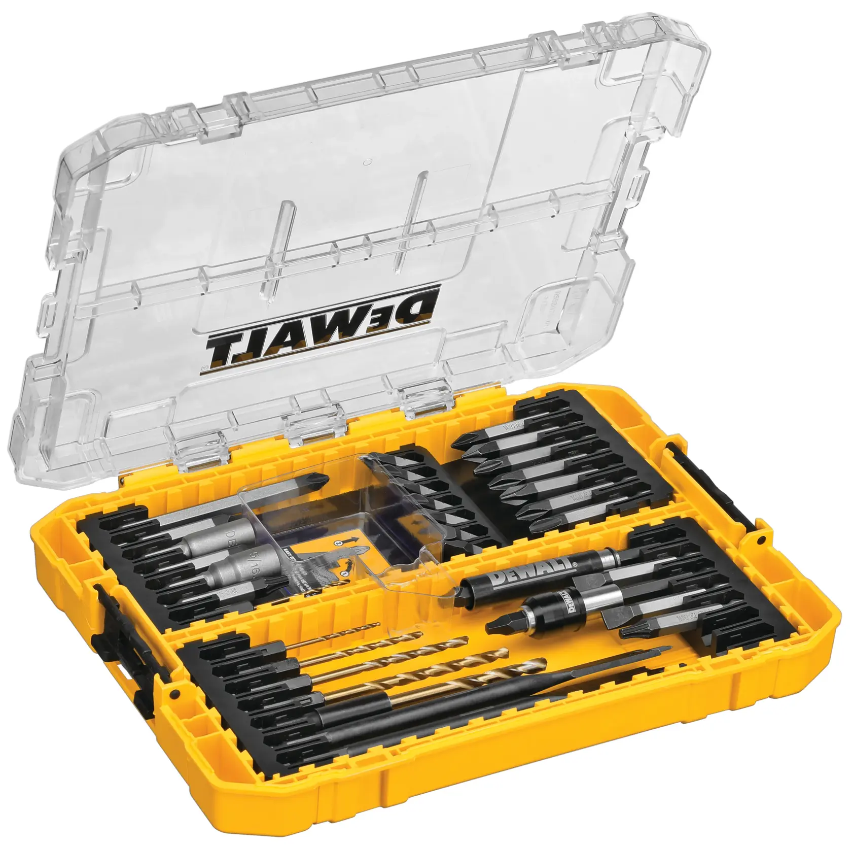 A yellow DEWALT branded case containing a variety of drill and screwdriver bits, socket attachments, and adapters organized neatly inside with a transparent lid.