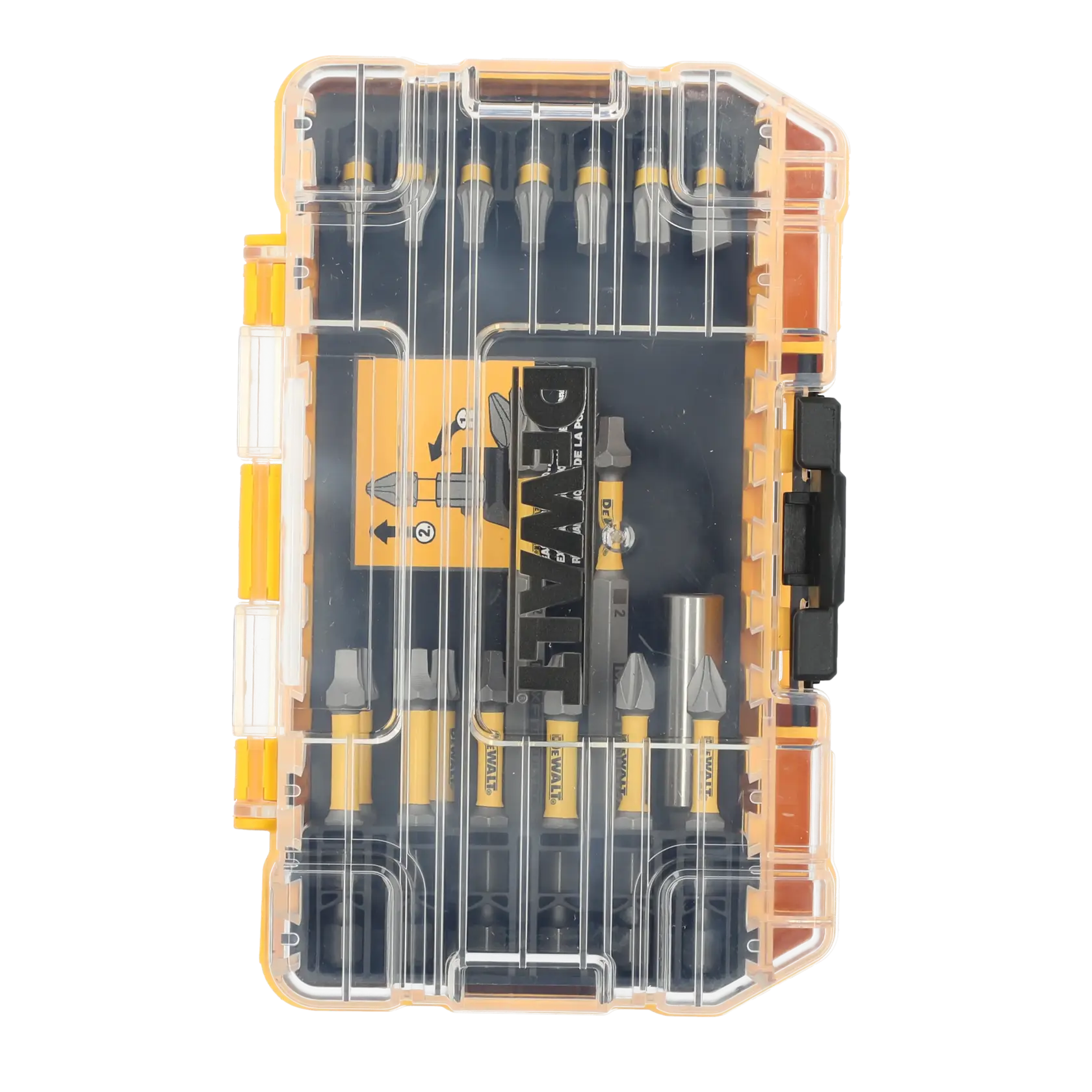 DEWALT branded set of screwdriver bits in a transparent plastic storage case. The case is rectangular with yellow and black accents, displaying multiple bits organized in rows. Visible instructions for use are included inside the case.