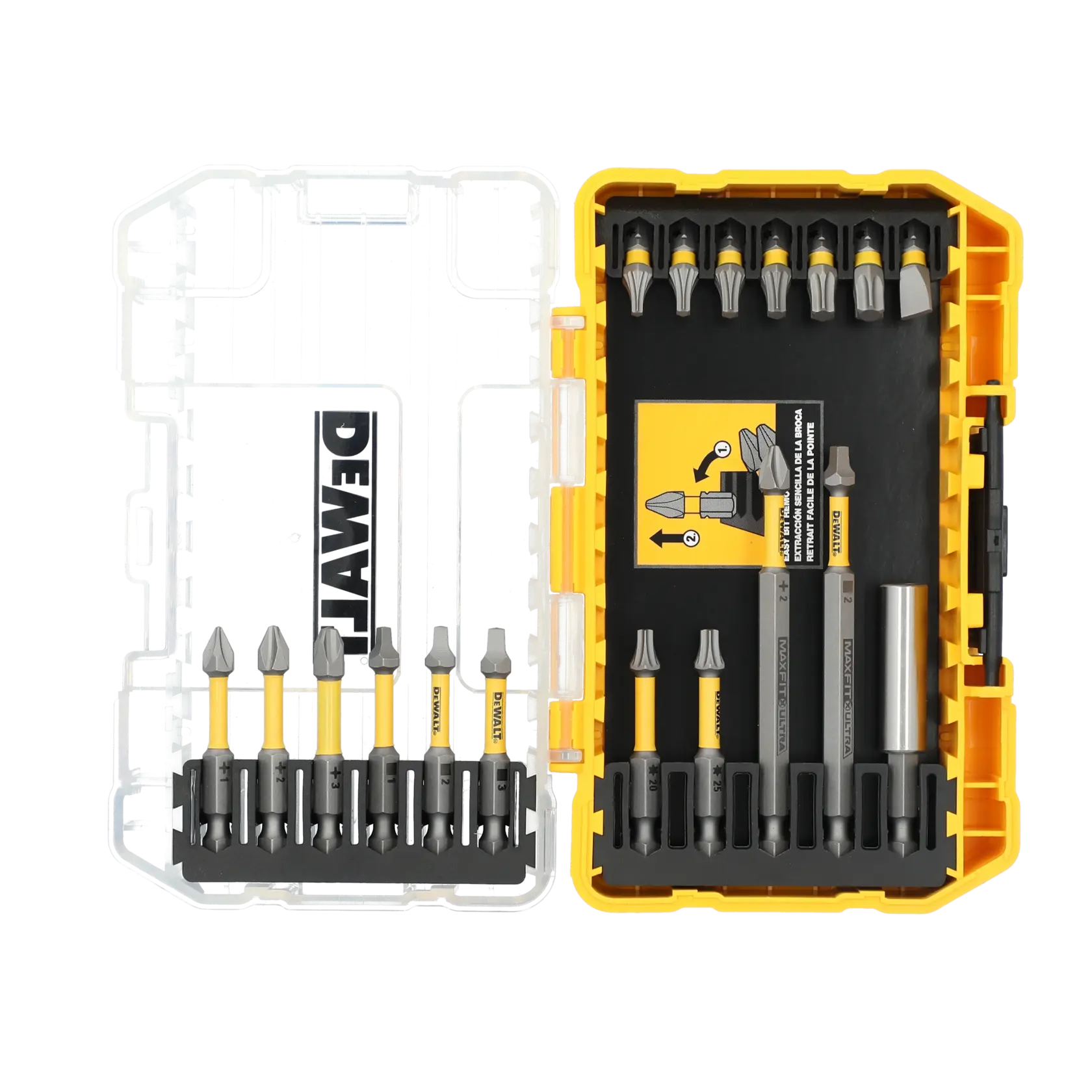 A DEWALT branded drill bit set in a yellow and clear plastic case, containing various screwdriver bits and accessories organized in compartments.