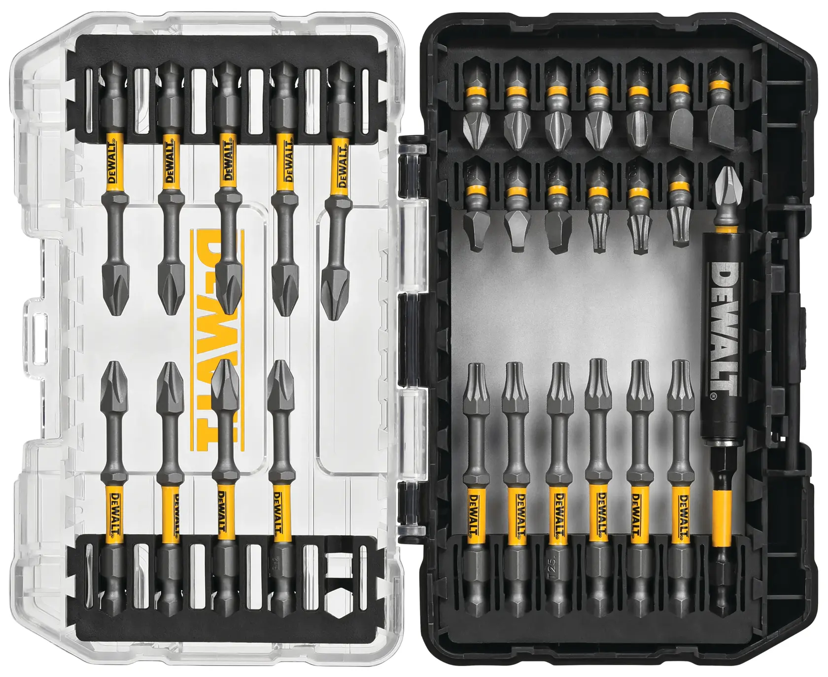 A DEWALT branded plastic case containing a 30-piece set of assorted screwdriver bits, organized neatly in two sections with the bits held securely in place.