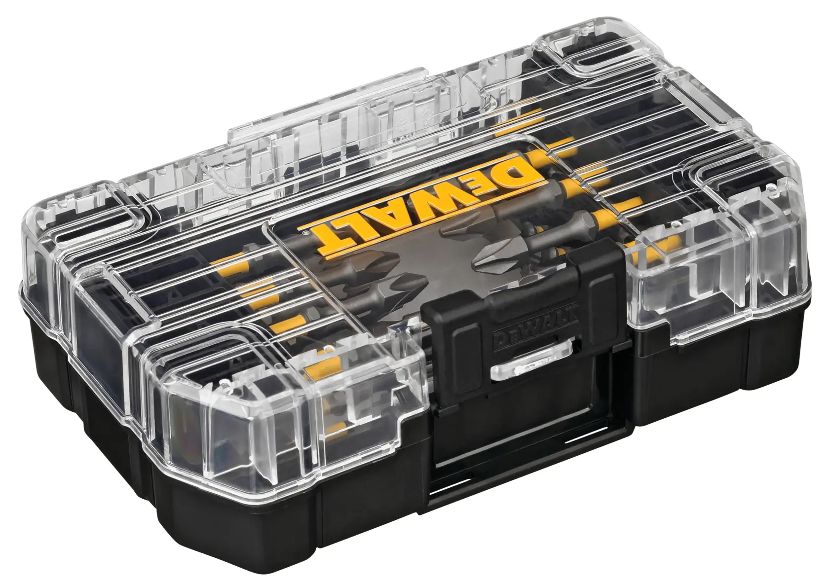 A DEWALT branded plastic storage case with a clear lid, containing an assortment of screwdriver bits and tools organized inside.