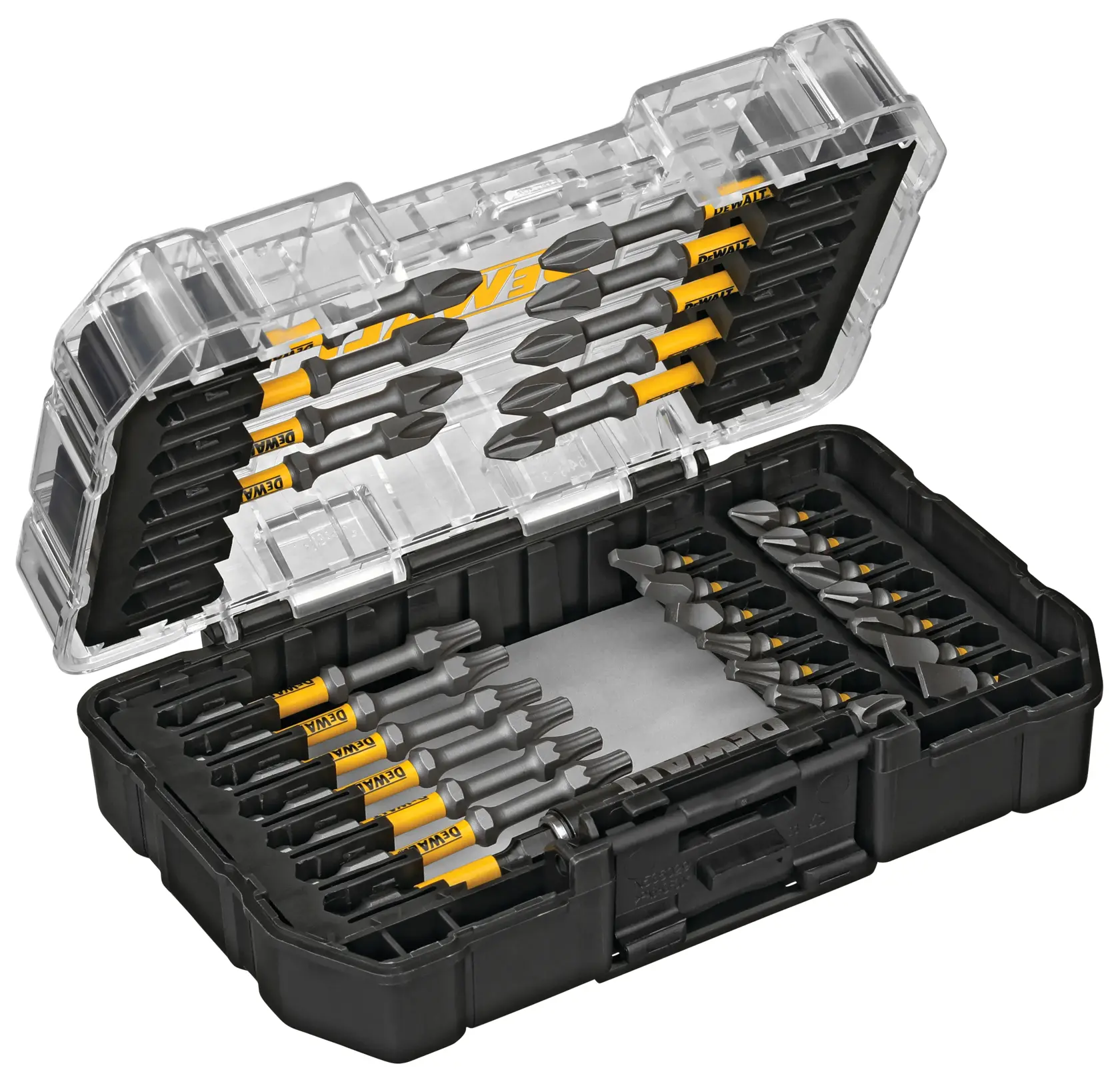 A DEWALT branded black and clear plastic case containing an assortment of screwdriver bits, organized in compartments.