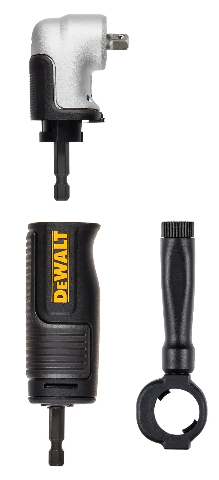 Three DEWALT drill accessories including a right angle attachment, a black handle with the DEWALT logo, and a removable black extension piece, all arranged vertically on a white background.