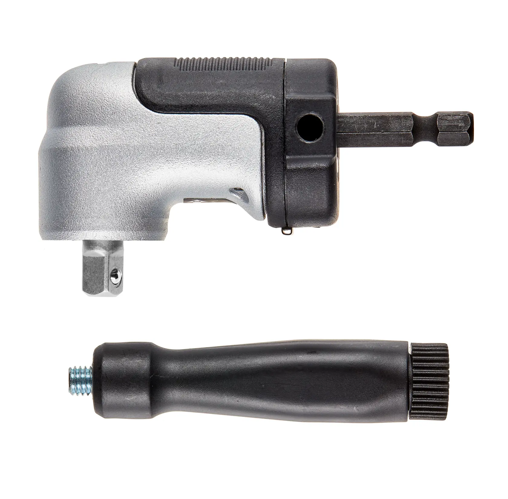 A DEWALT right angle drill attachment with a detachable black handle, shown on a white background.