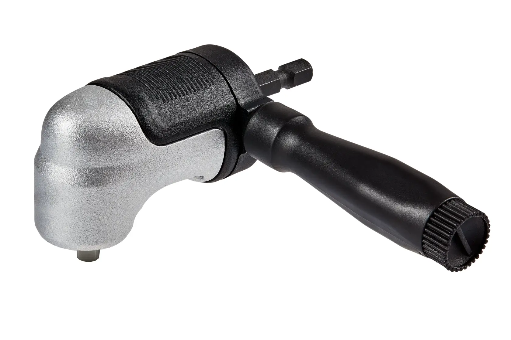 A DEWALT right angle drill attachment with a black handle and metallic body, designed for use with power drills to reach tight spaces.