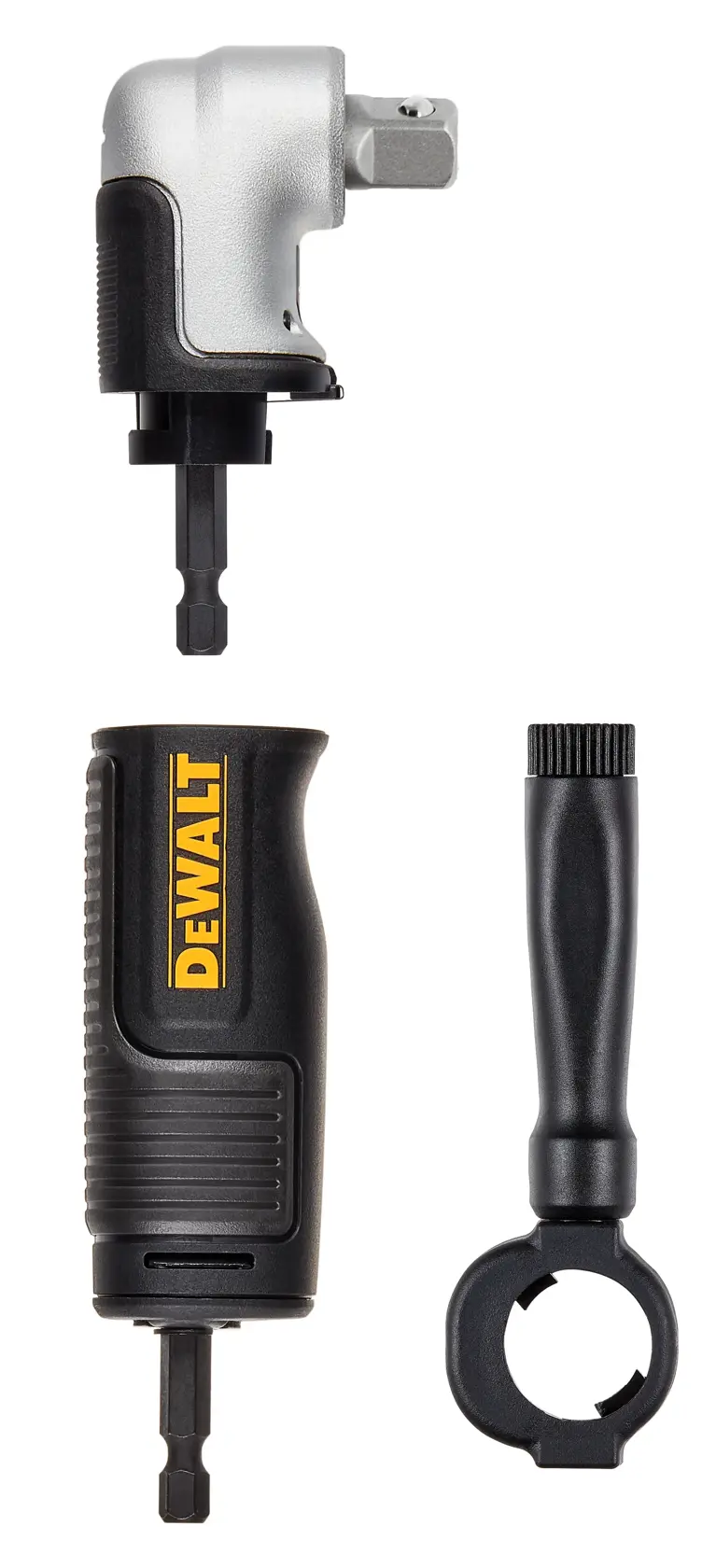 Three DEWALT drill accessories laid out on a white background. The top item is a right angle drill adapter with a silver and black finish. The middle item is a black drill handle with textured grip and the yellow DEWALT logo. The bottom item is a detachable black side handle.