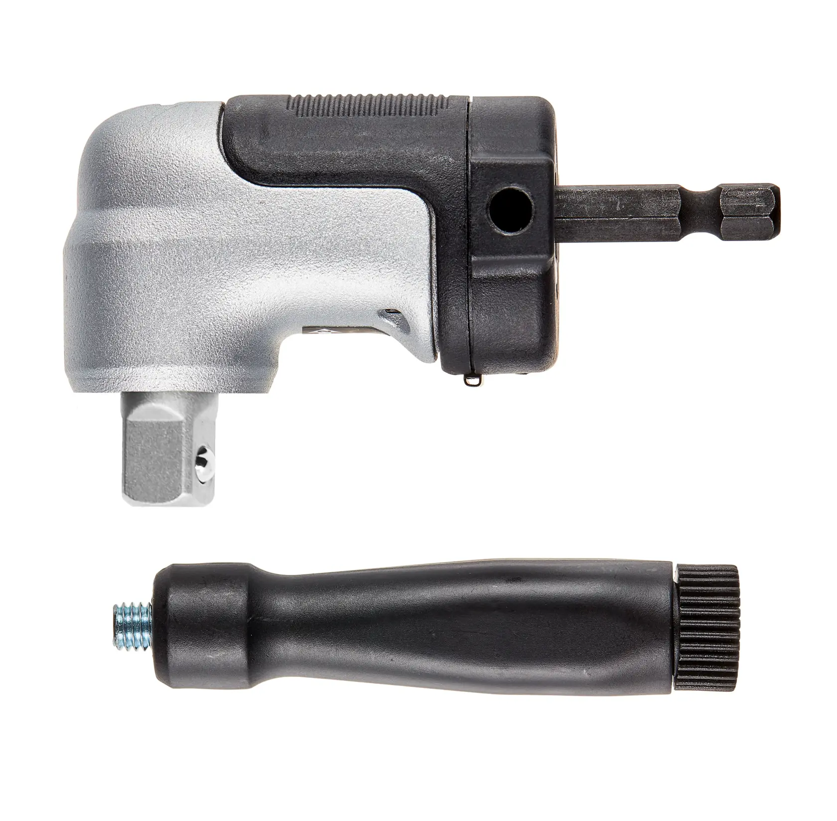 A DEWALT right angle drill attachment with a removable black handle, shown isolated on a white background.
