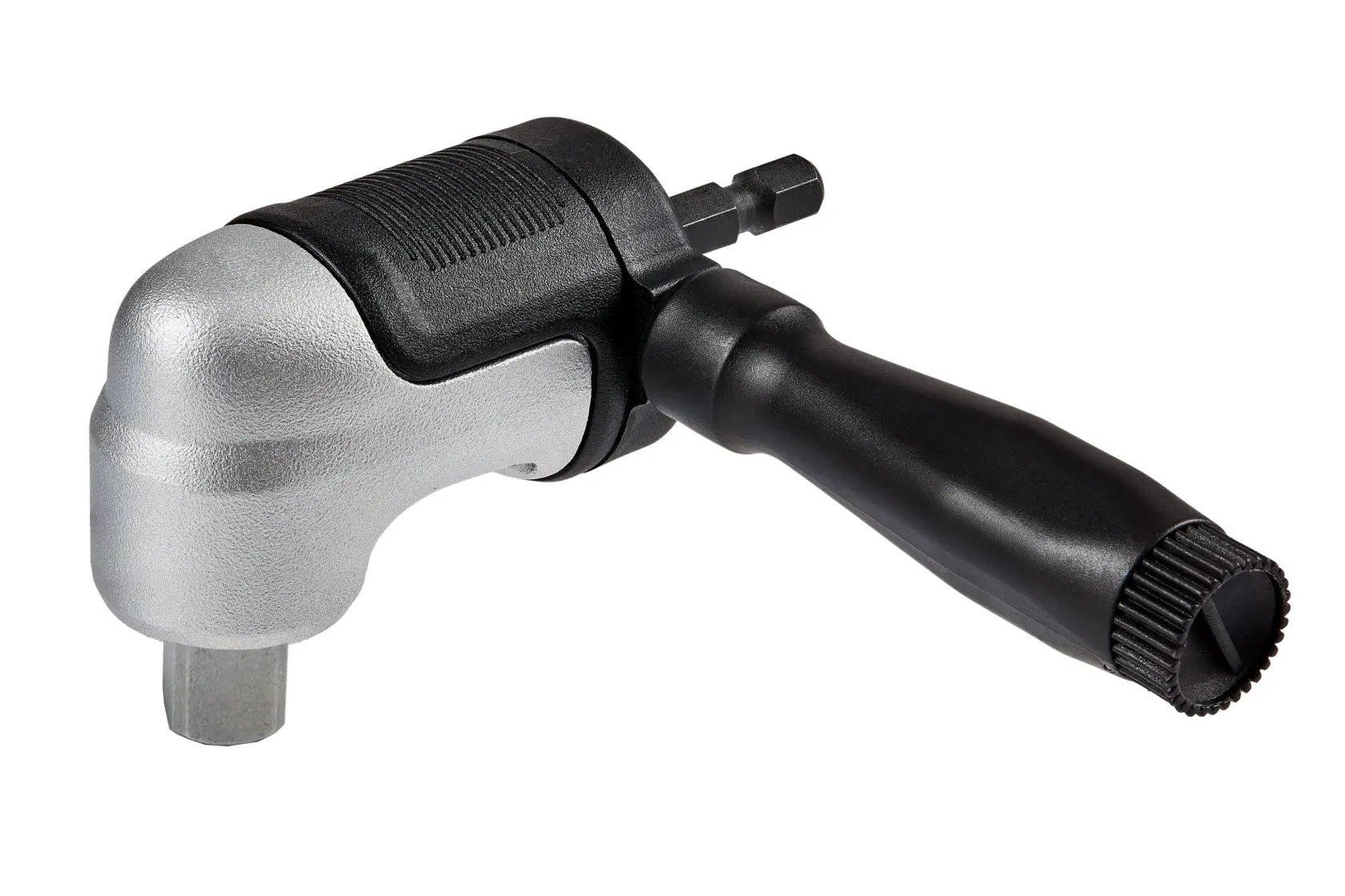 A DEWALT right angle drill attachment with a black handle and silver metallic head, designed for use in tight or hard-to-reach spaces.
