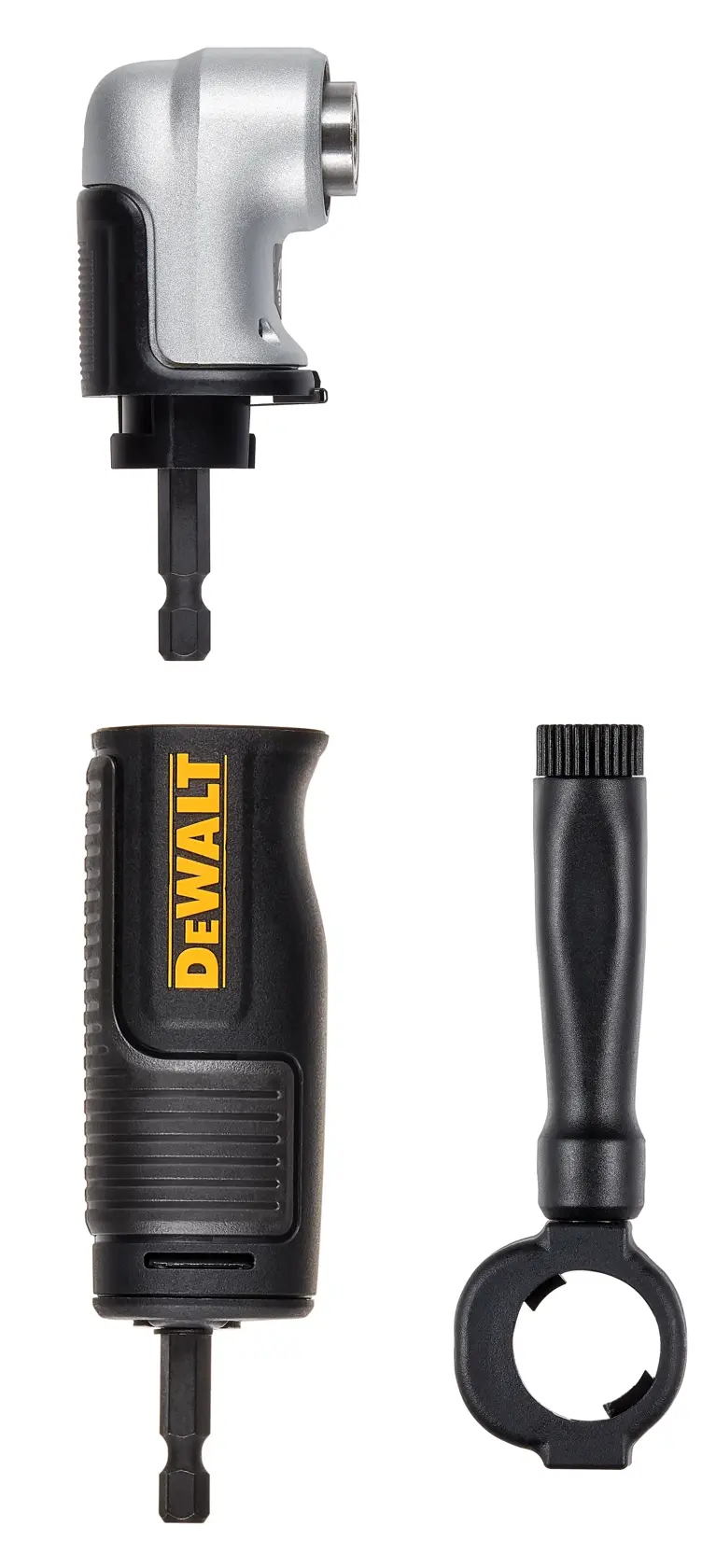 DEWALT right angle drill attachment set, including a right angle adapter, a handle with DEWALT branding, and an auxiliary handle, shown on a white background.