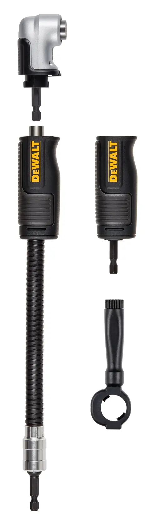 A DEWALT flexible drill bit extension set, including a right angle adapter, a flexible shaft extension, a straight adapter, and a small wrench, all with black and yellow DEWALT branding, displayed on a white background.