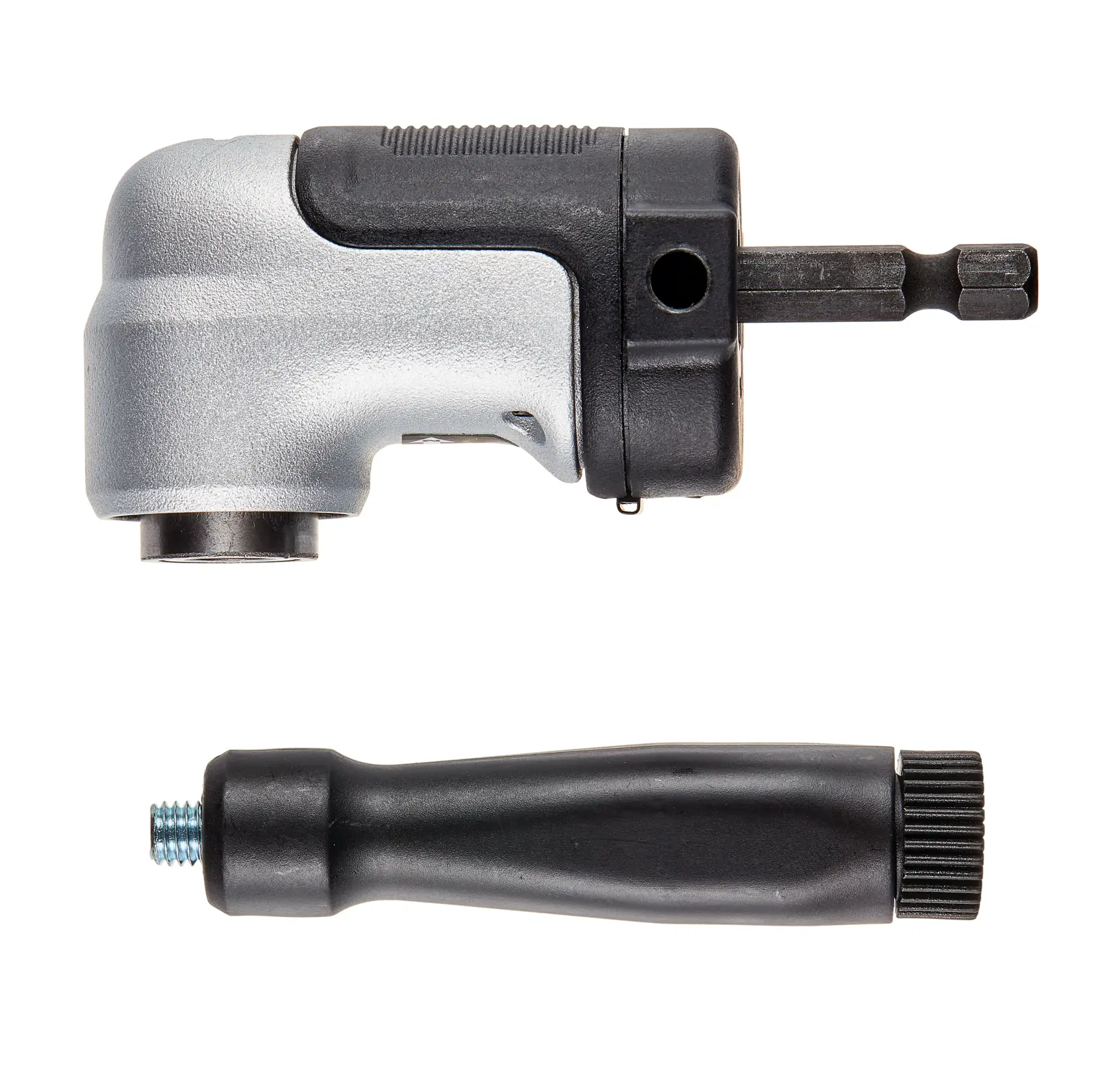 A DEWALT right angle drill attachment with a detachable black handle, shown against a white background.