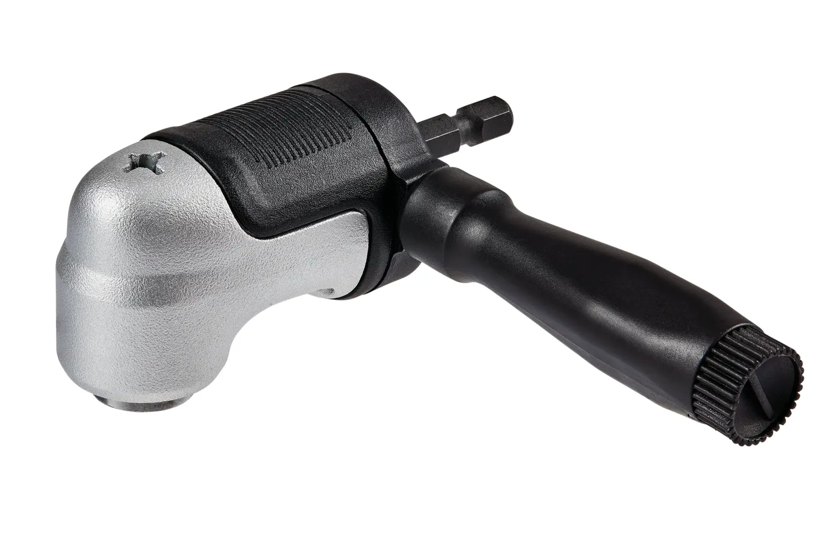 A DEWALT right angle drill attachment with a metal head and a black handle, designed for accessing tight or hard-to-reach spaces when drilling or driving screws.
