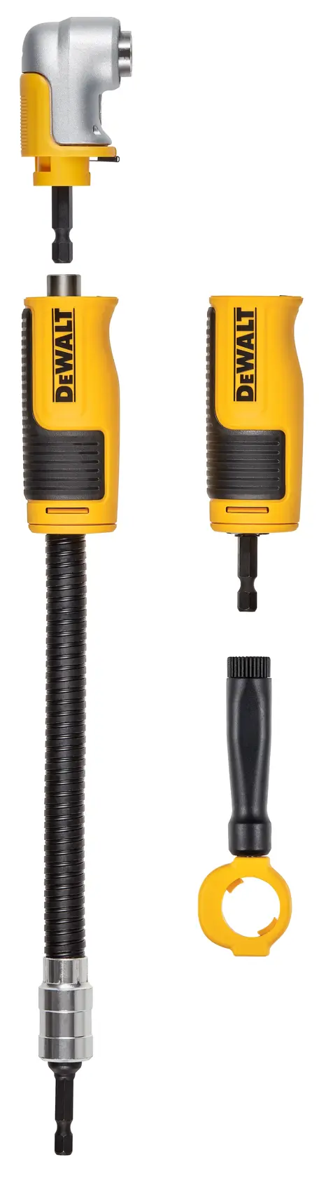 A DEWALT branded multi-piece right angle and flexible shaft screwdriver attachment set, featuring a yellow and black handle, a right angle adapter, a flexible shaft, and additional attachment pieces, shown on a white background.