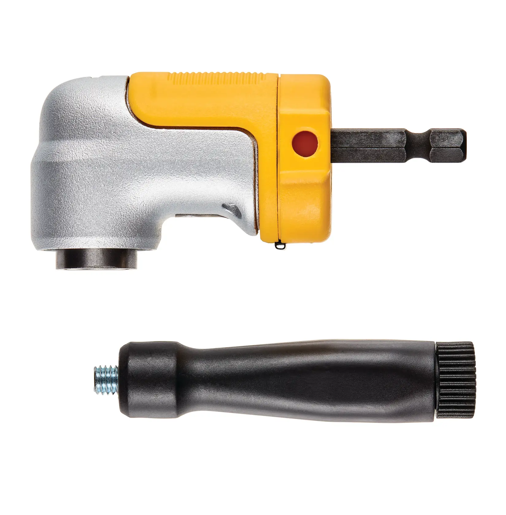 A DEWALT right-angle attachment set, consisting of a yellow and silver right-angle drill adapter and a black detachable handle, shown on a white background.