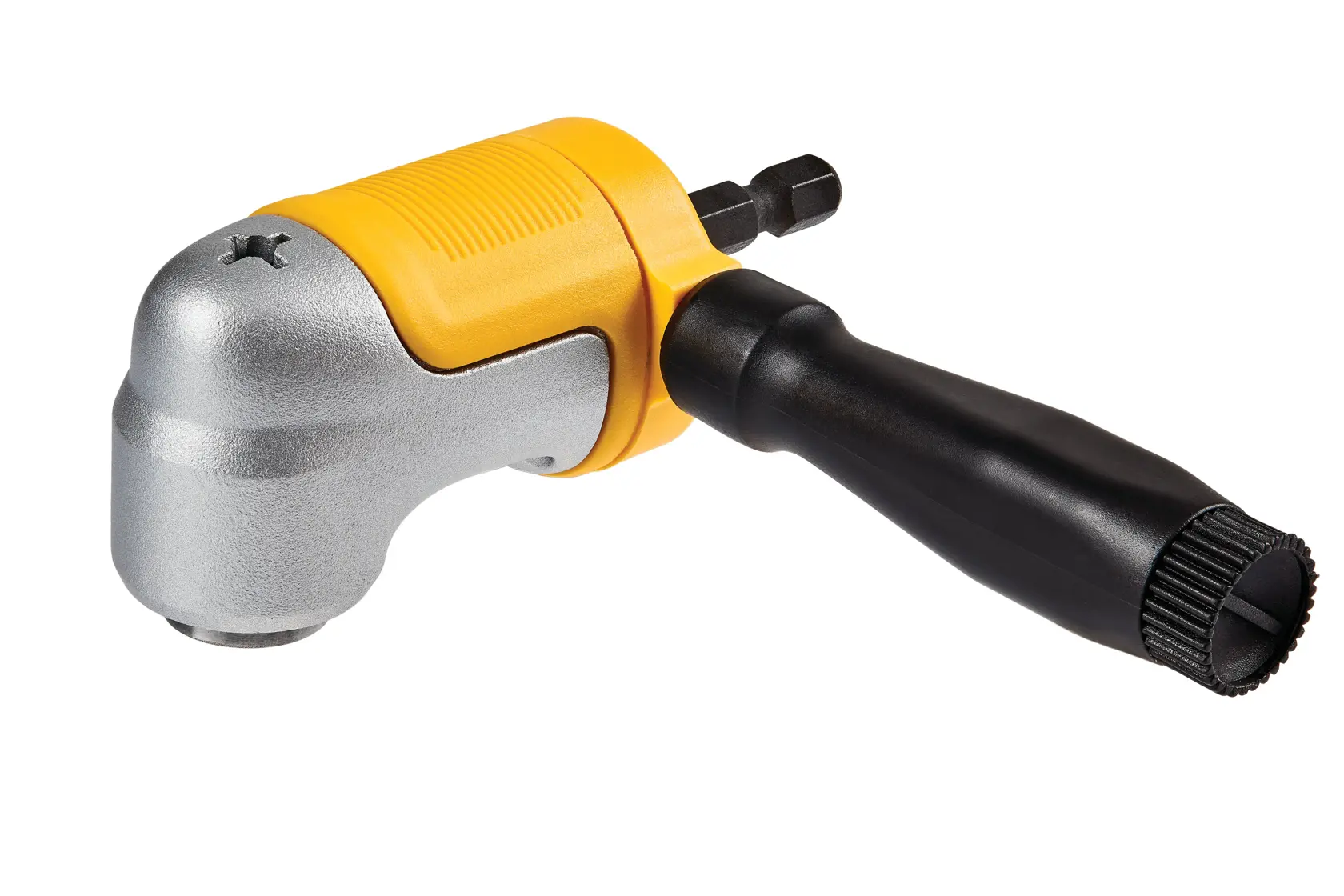 A DEWALT right angle drill attachment, featuring a yellow and silver body with a black handle, designed for use in tight or hard-to-reach spaces.