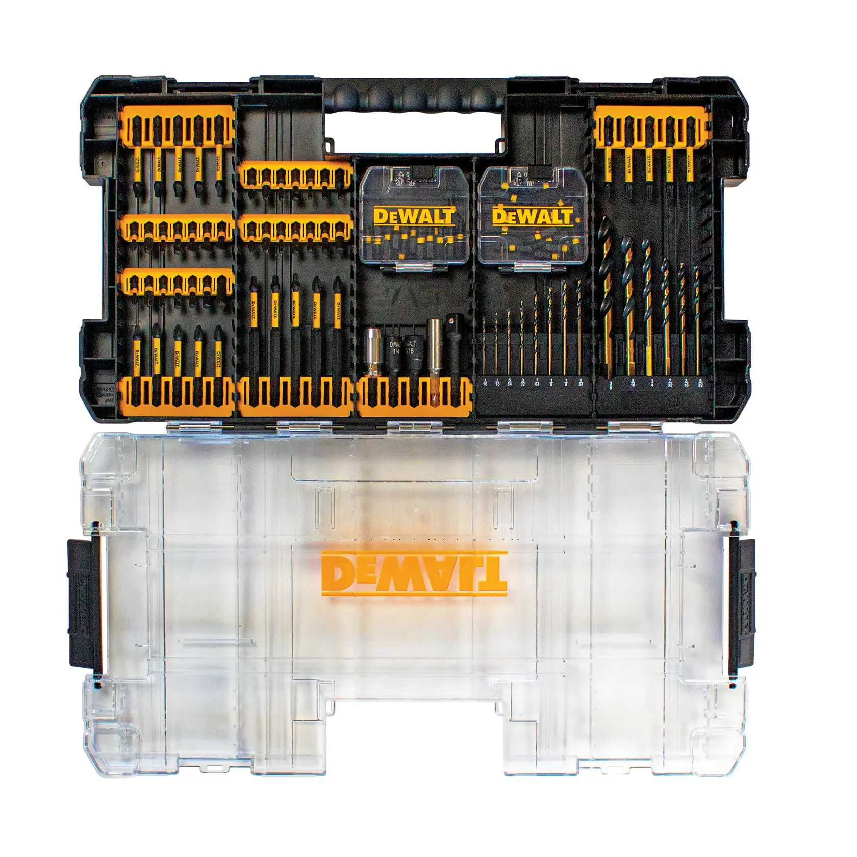 A DEWALT branded drill and driver bit set displayed in an open black and transparent hard plastic carrying case. The case contains various drill bits, screwdriver bits, and two small clear DEWALT labeled boxes organized in individual yellow holders.