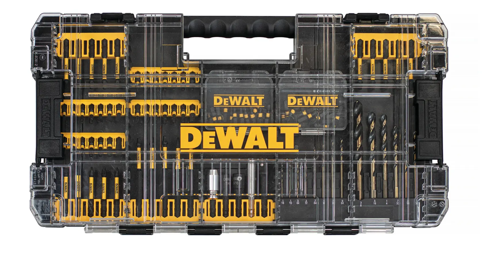 A DEWALT branded drill and driver bit set in a transparent hard plastic case with a black handle. The set includes a variety of drill bits, driver bits, and other accessories neatly organized in yellow compartments.