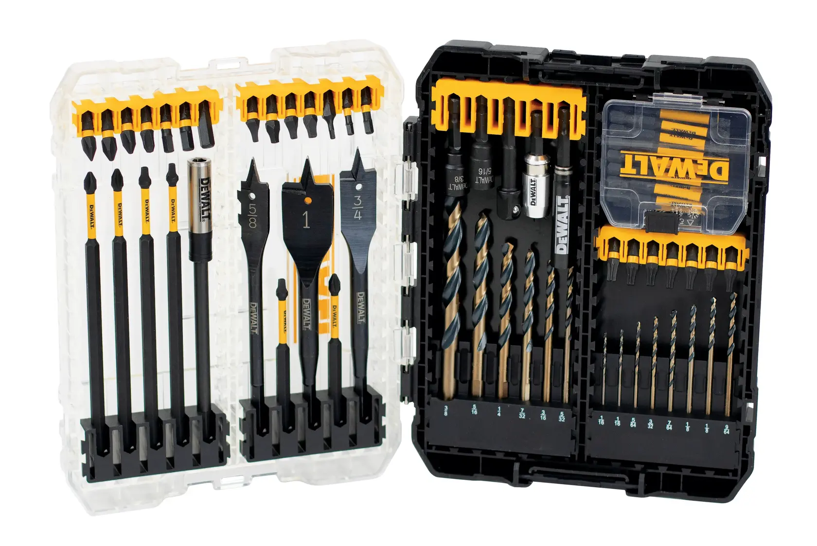 A DEWALT branded drill and screwdriver bit set in a black and clear plastic case. The case contains a variety of drill bits, spade bits, and screwdriver bits organized in slots, with visible yellow and black accents.