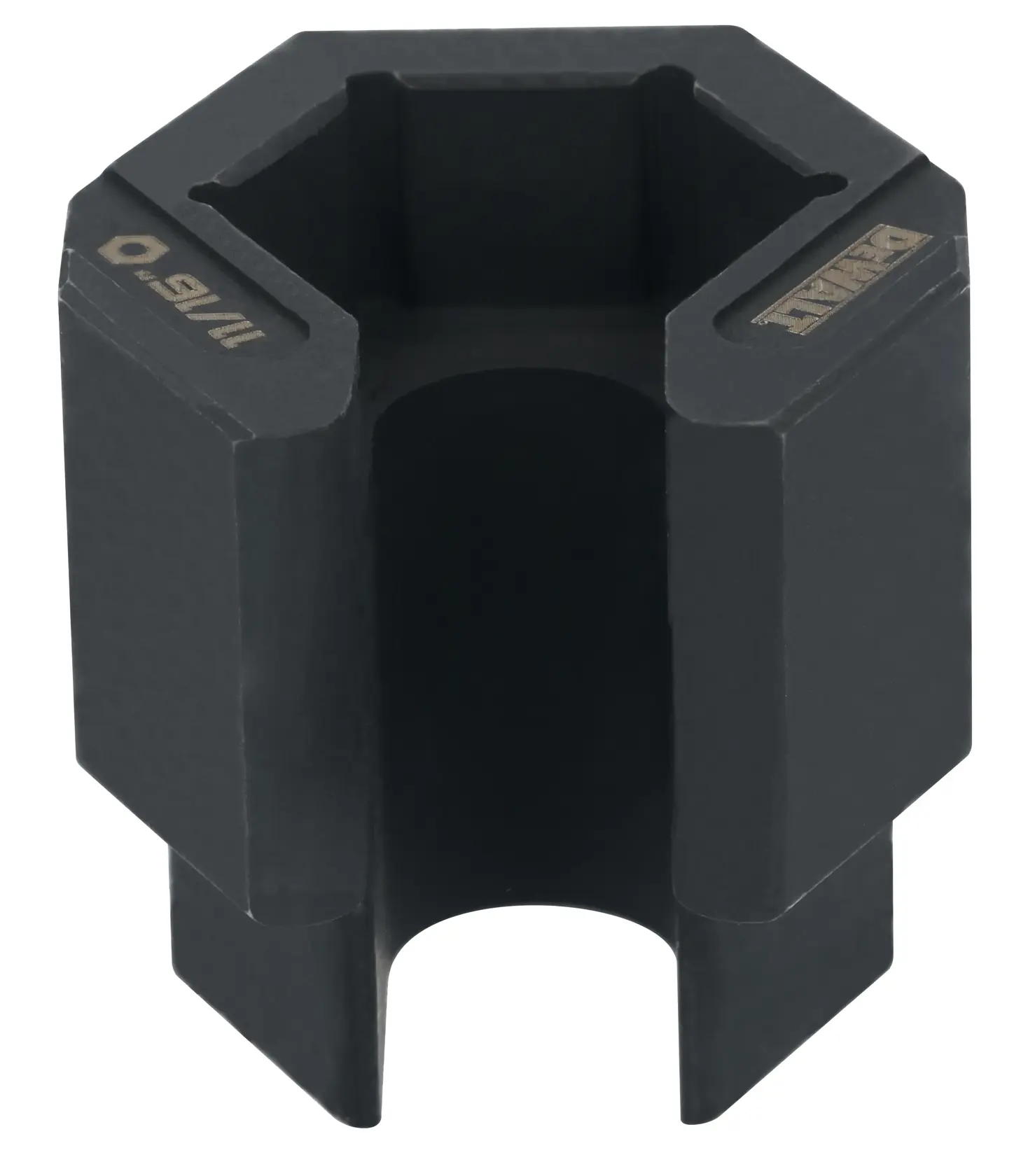 A DEWALT branded black hexagonal impact socket designed for use with fasteners, specifically marked with 9/16 inch sizing.