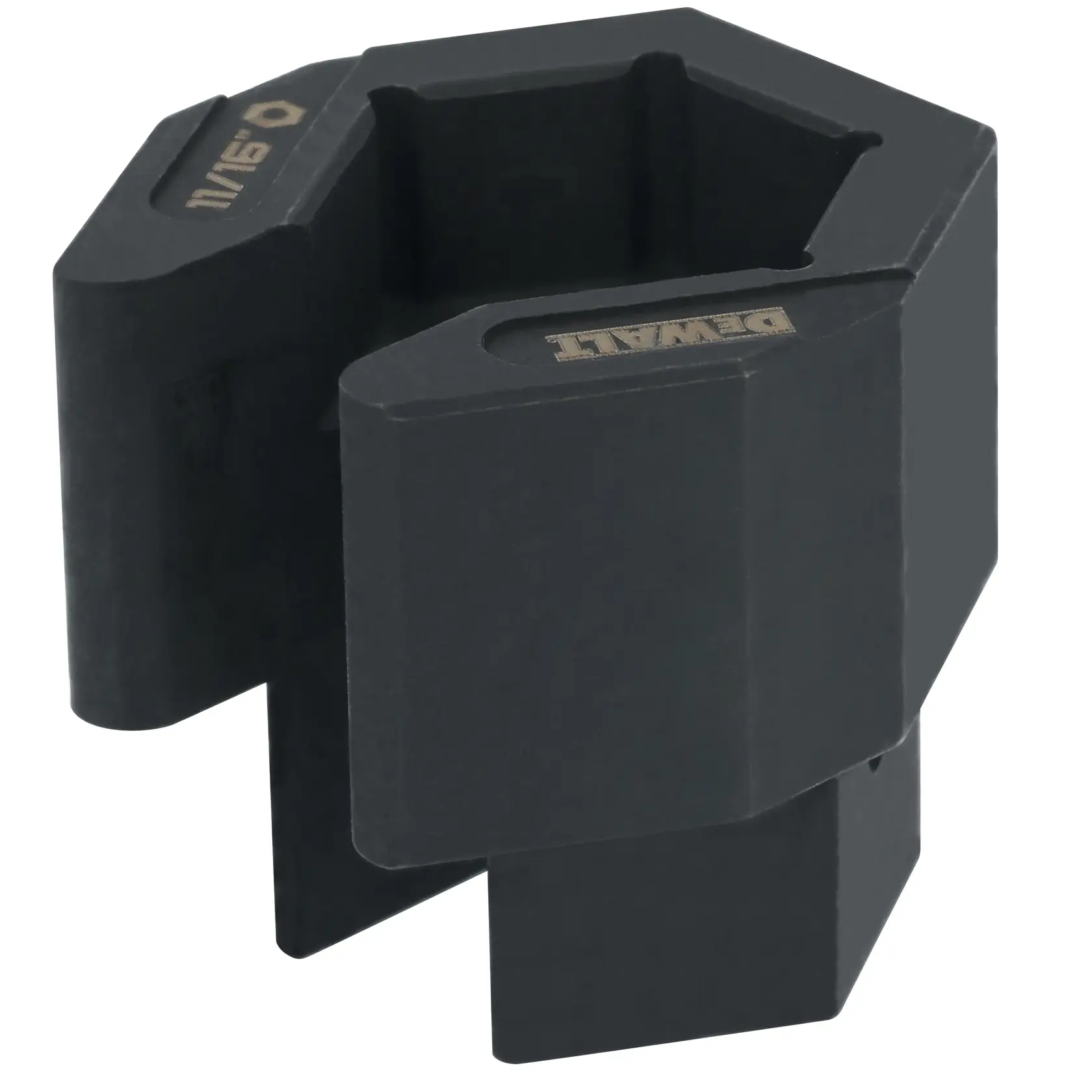 A close-up image of a black DEWALT 11/16 inch push lock nut driver accessory with a hexagonal opening, designed for use with hand tools.