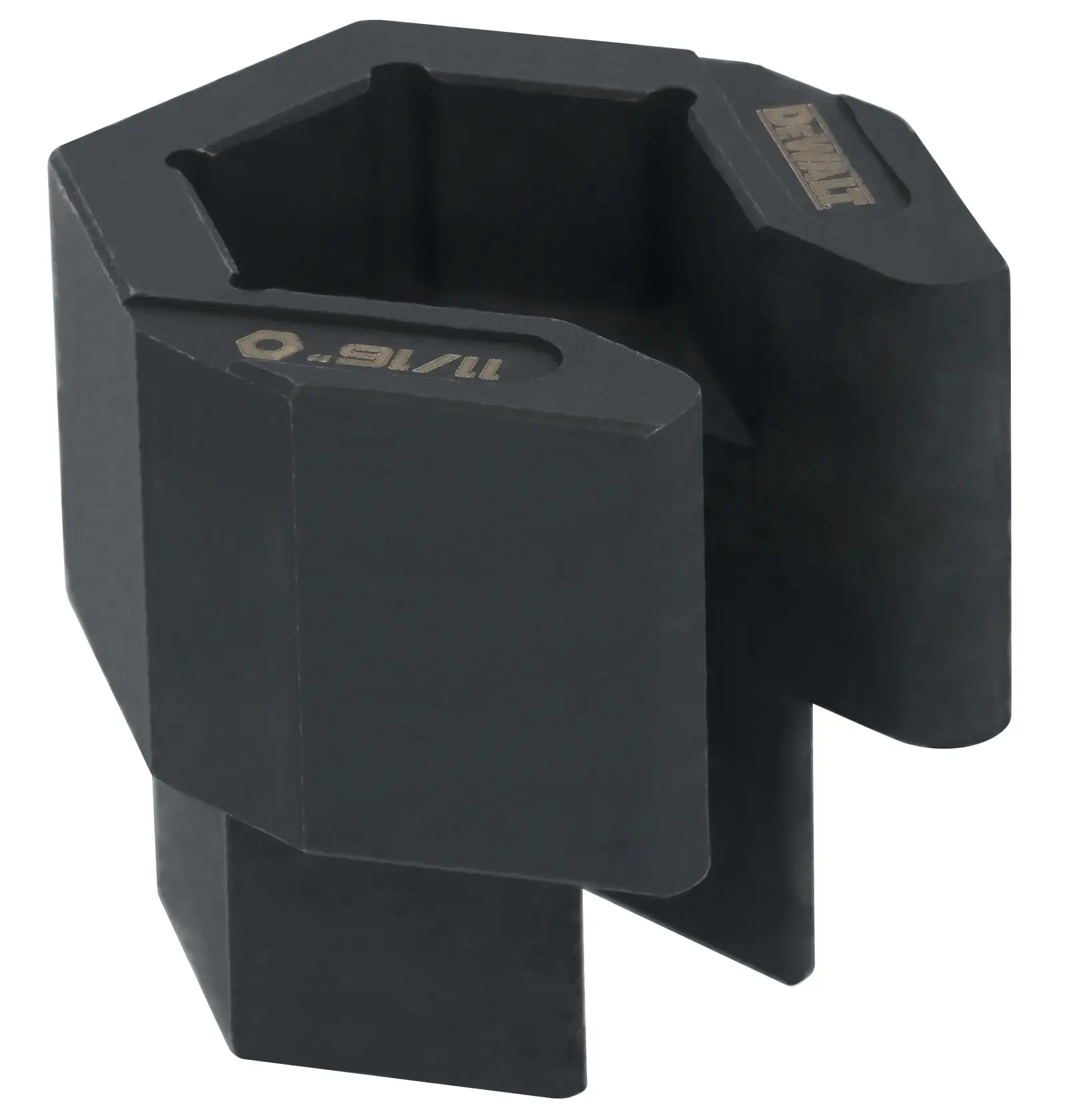 A DEWALT branded black metal 11/16 inch hexagonal rebar tying tool replacement part, shown isolated on a white background.
