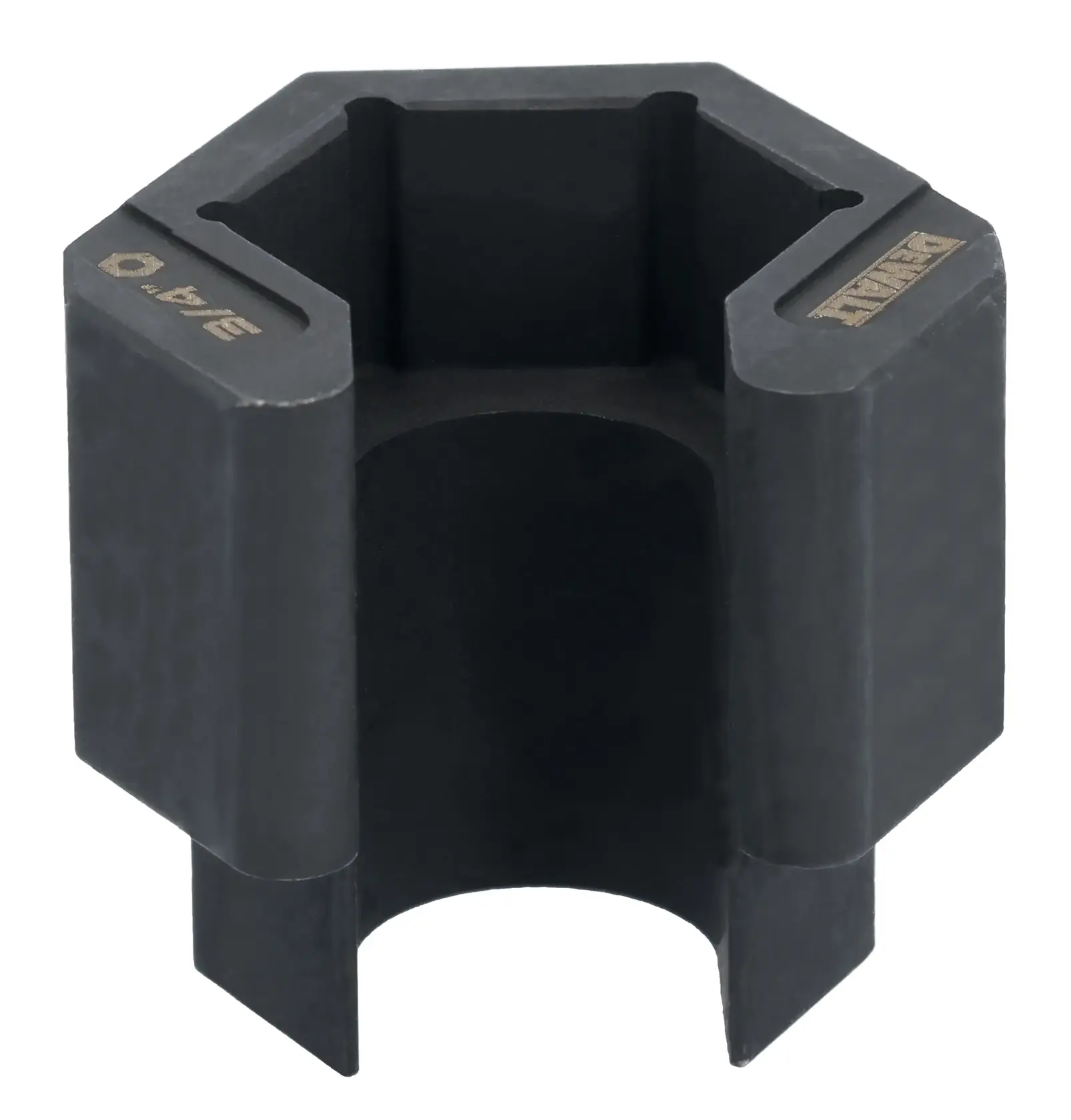 A close-up view of a DEWALT black metal roofing nail remover, model DWANRR34, showing its hexagonal shape and sturdy construction.