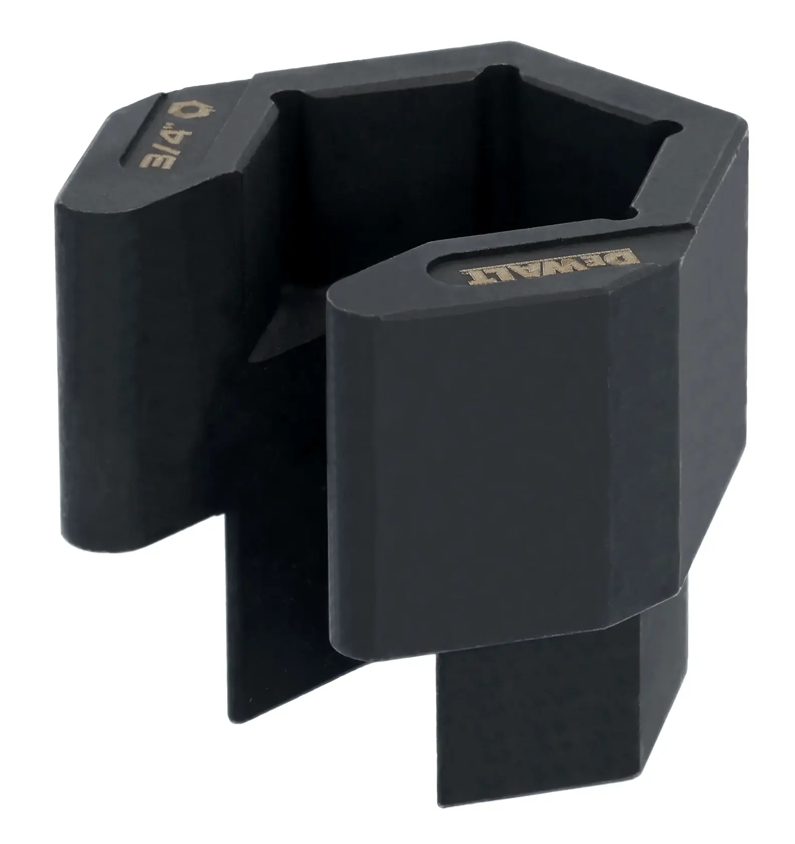 A close-up view of a black DEWALT 3/4 inch nut runner socket adapter with hexagonal shape and engraved brand marking.