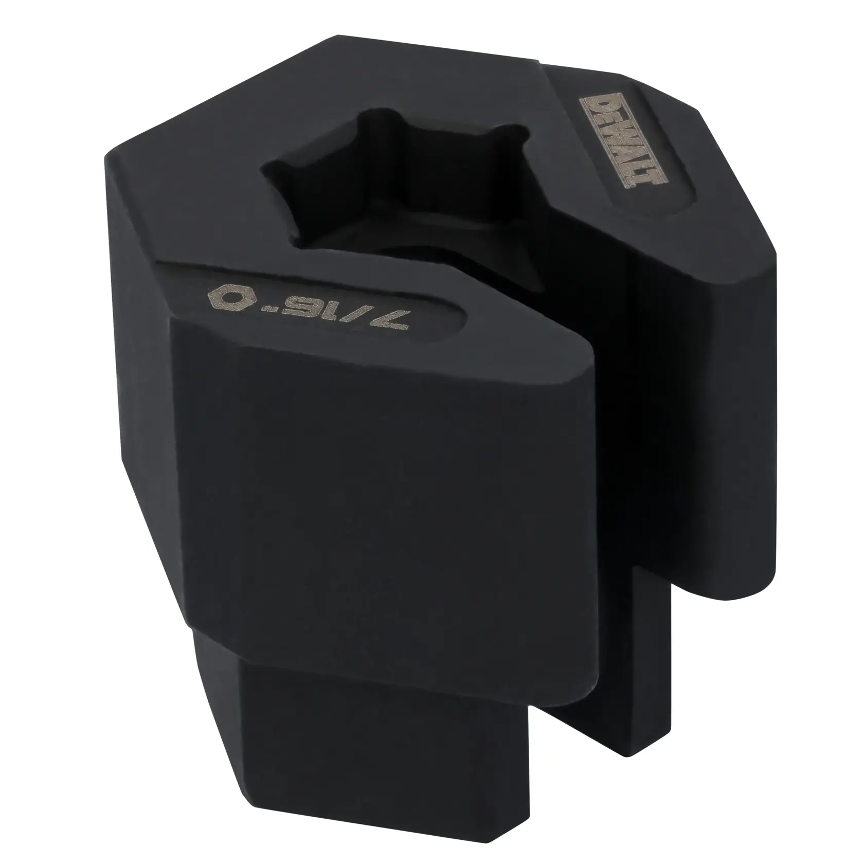 Outil hexagonal DEWALT noir, marqué 7/16 pouces, utilisé pour fileter des tuyaux ou tiges.