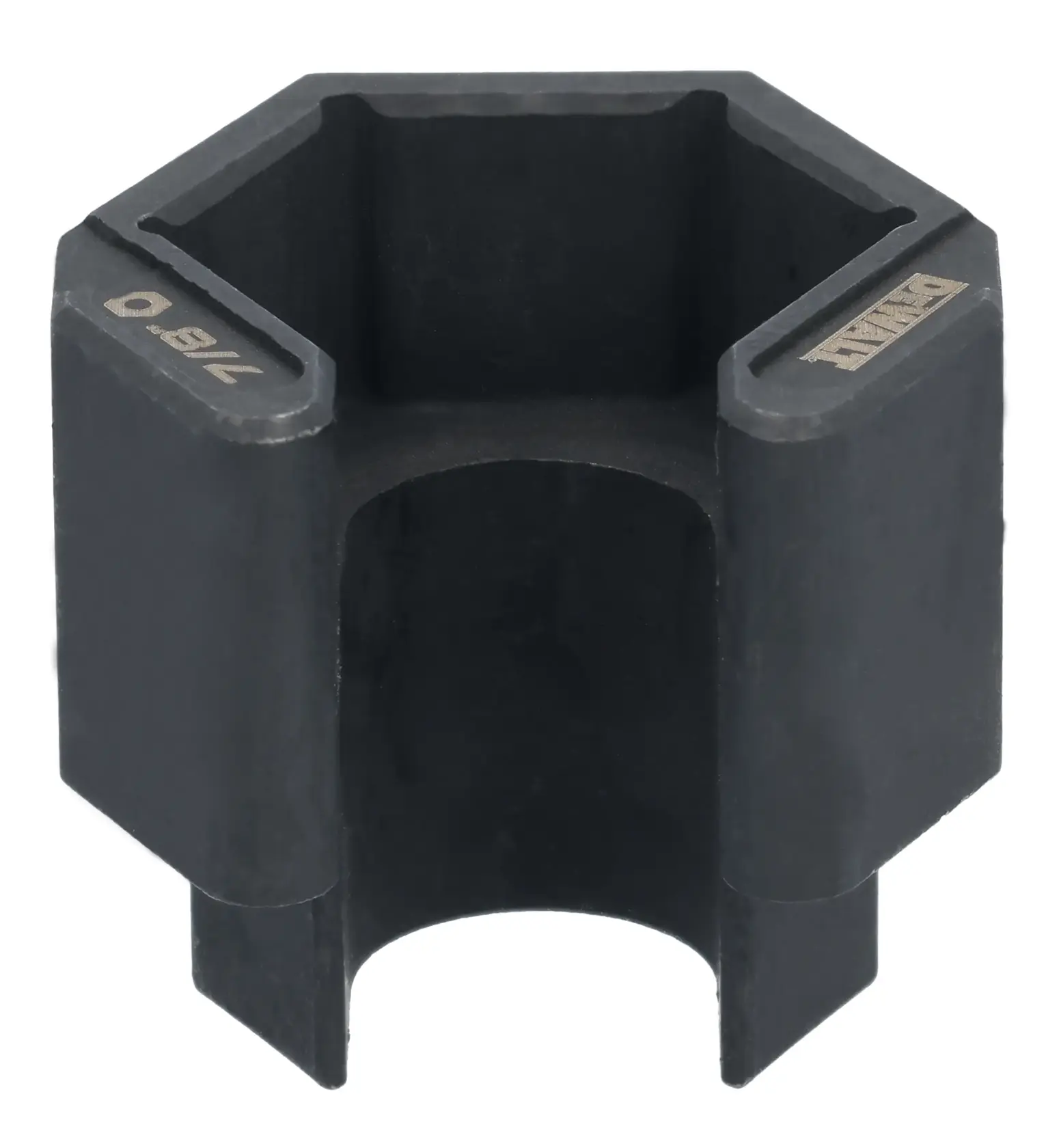 A close-up image of a DEWALT branded hexagonal black socket, marked with the size 7/8, designed for use with power tools.