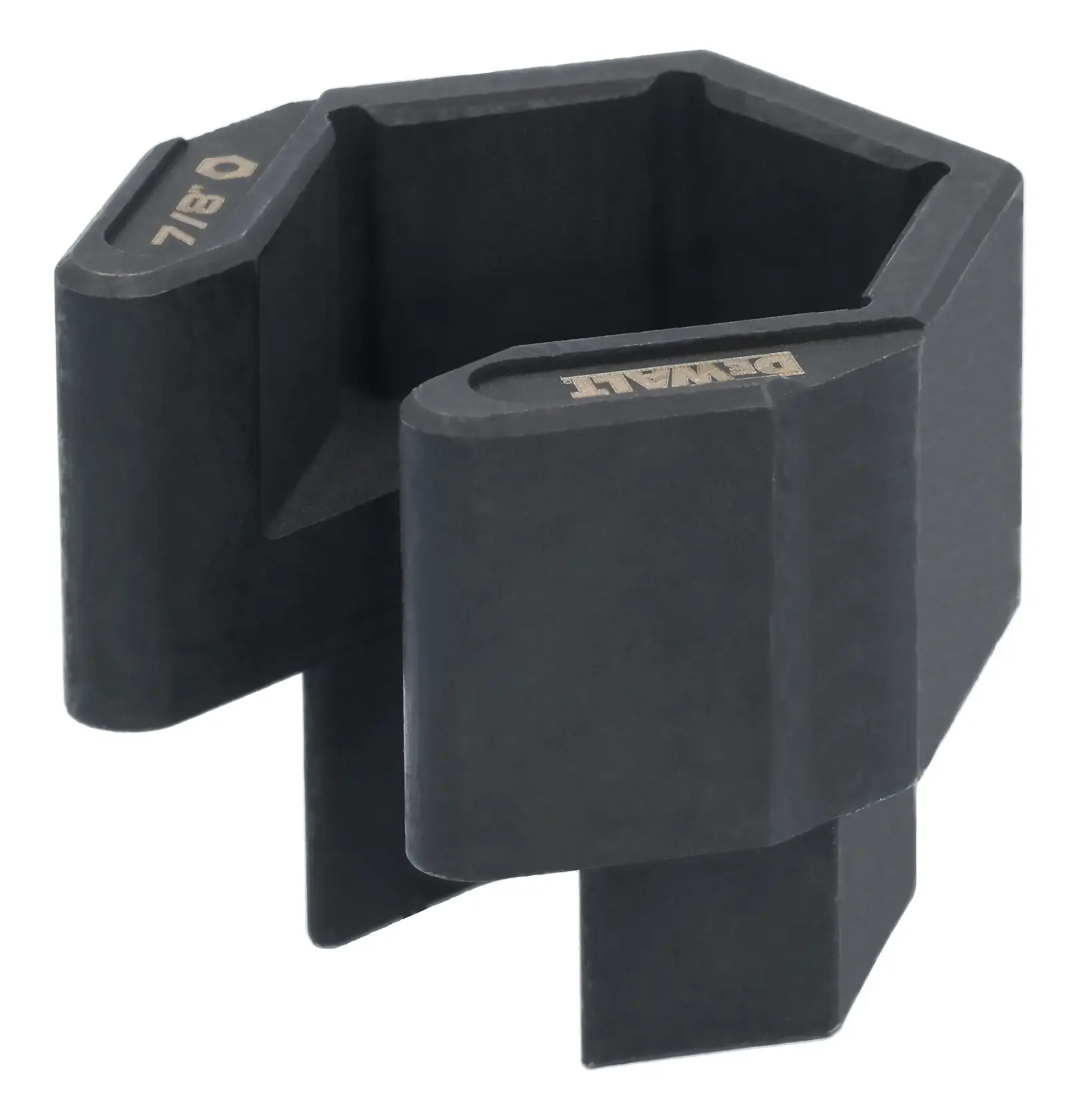 A black DEWALT branded tool accessory, shaped with a hexagonal interior and sturdy outer structure, displaying a '7/8' size marking. The item appears to be a specialized socket or adapter used with tools.