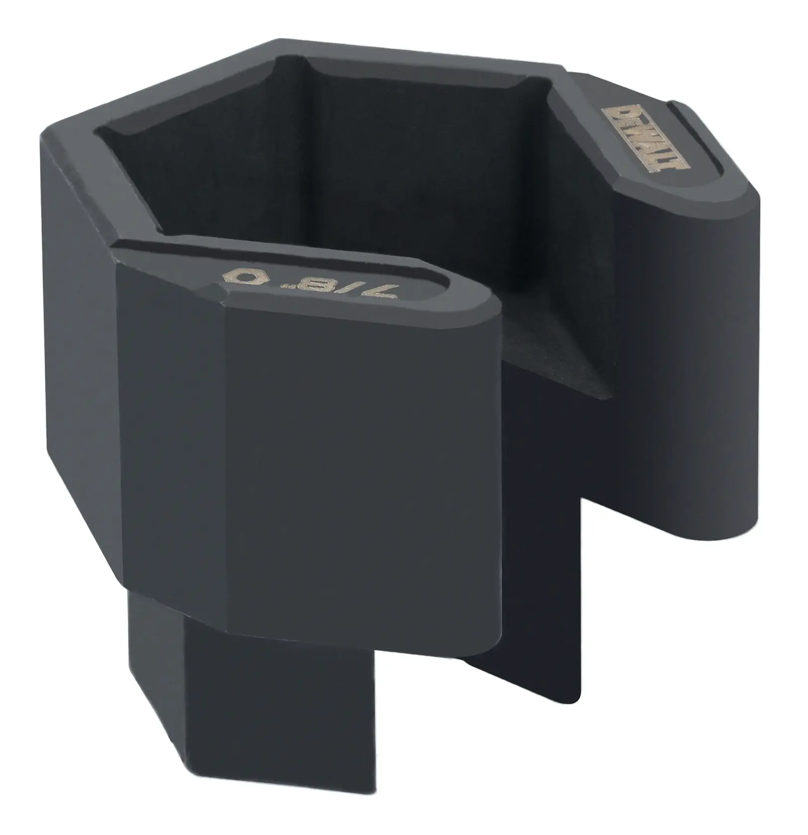 A close-up image of a DEWALT 7/8-inch hexagonal socket accessory, primarily black in color, used for professional or DIY tool applications.