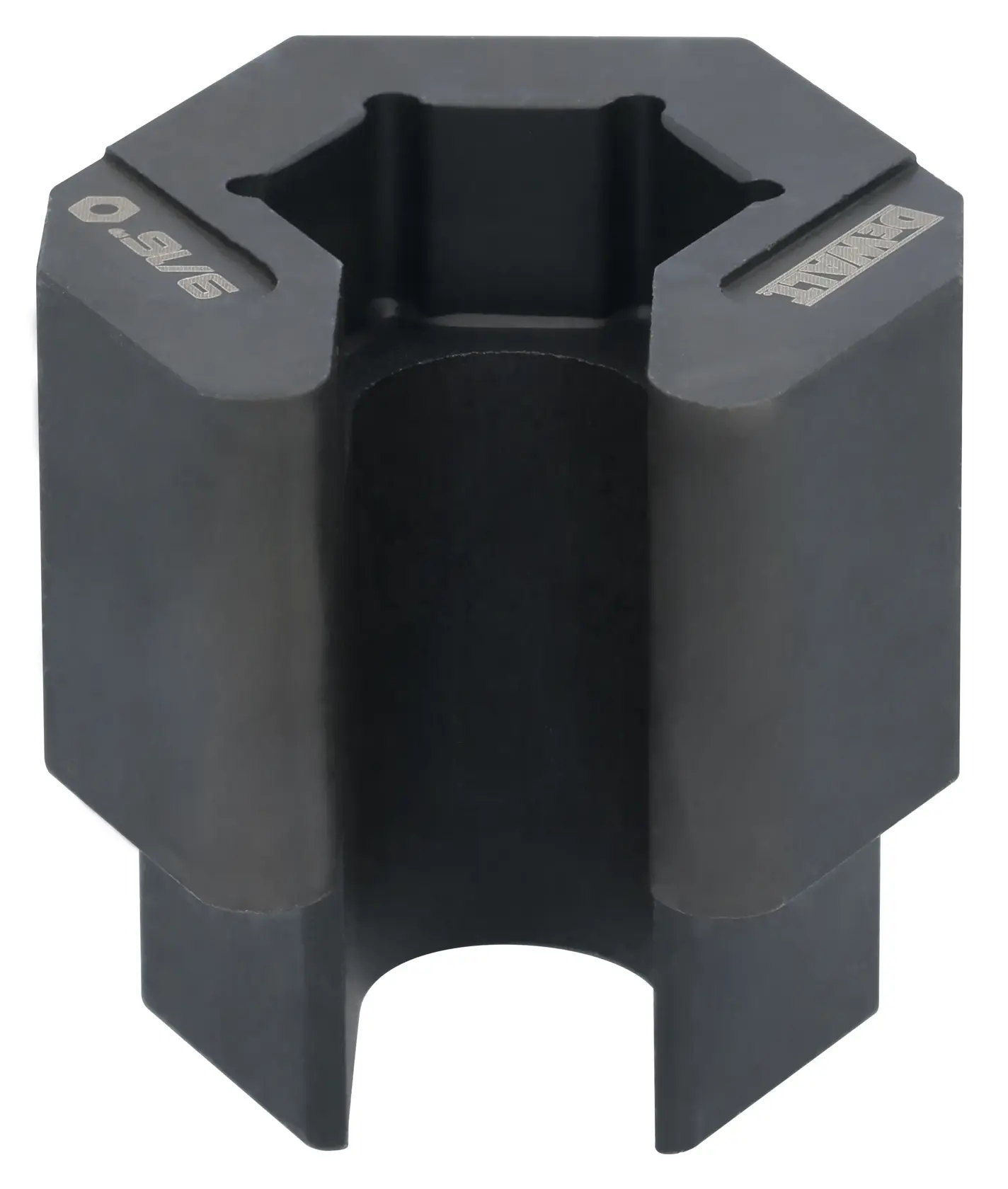 A DEWALT branded black socket with an hexagonal opening, used as a tool accessory for fitting and turning fasteners.