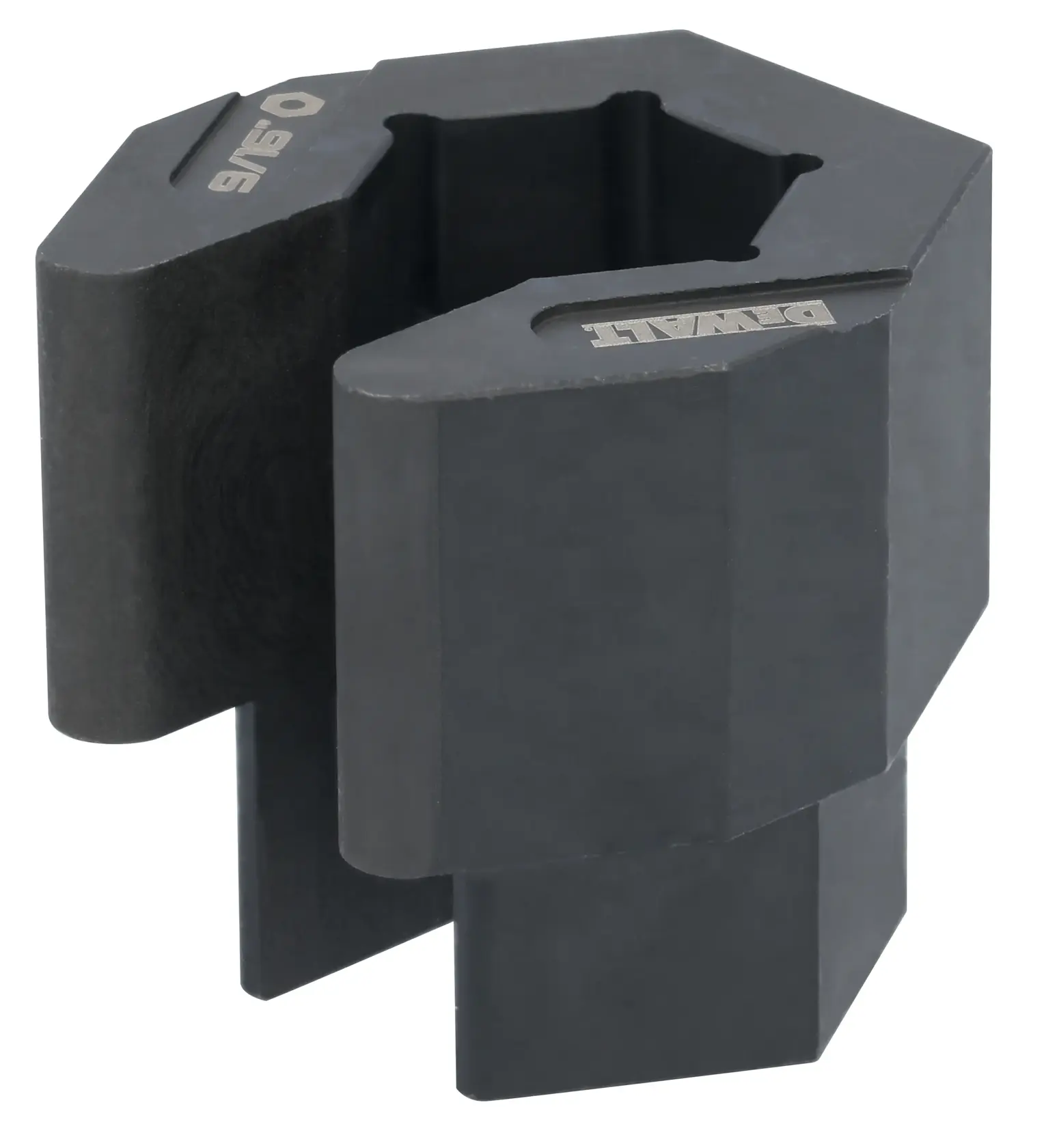 A DEWALT branded black metal tool accessory with a hexagonal interior opening and '9/16' marking, used for photography-related equipment.