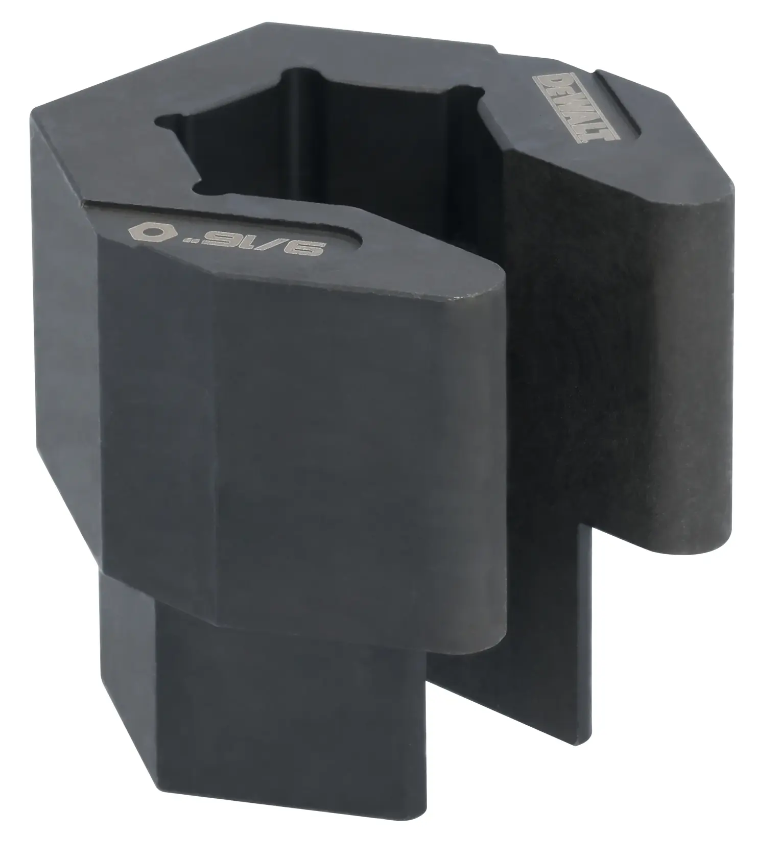 A close-up image of a DEWALT branded hexagonal black metal tool accessory, specifically a 9/16 inch impact socket or adapter with precise cutout and etched markings.