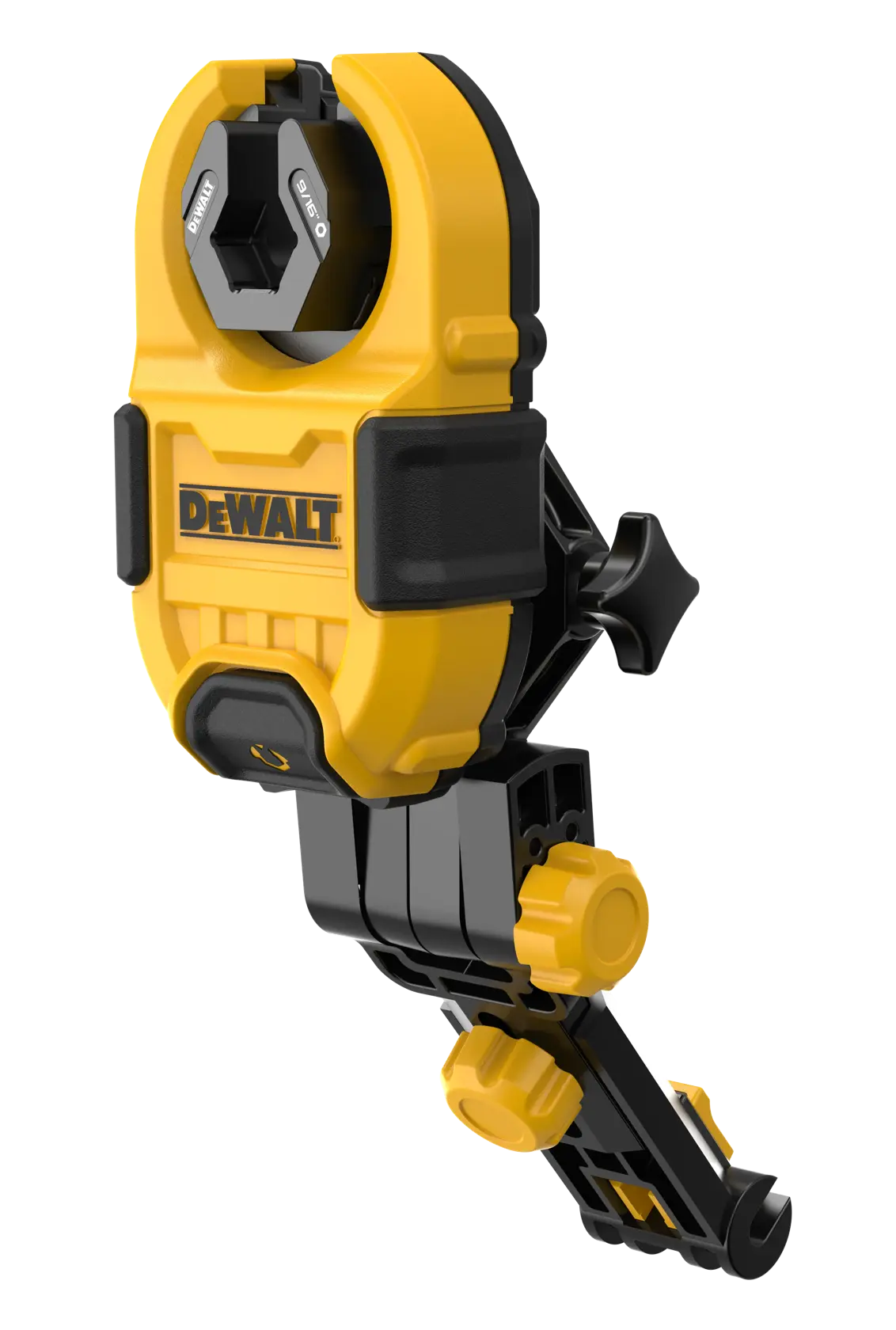 A DEWALT branded yellow and black adjustable mounting bracket designed for photography and construction applications, featuring various knobs and slots for attachment and adjustment.