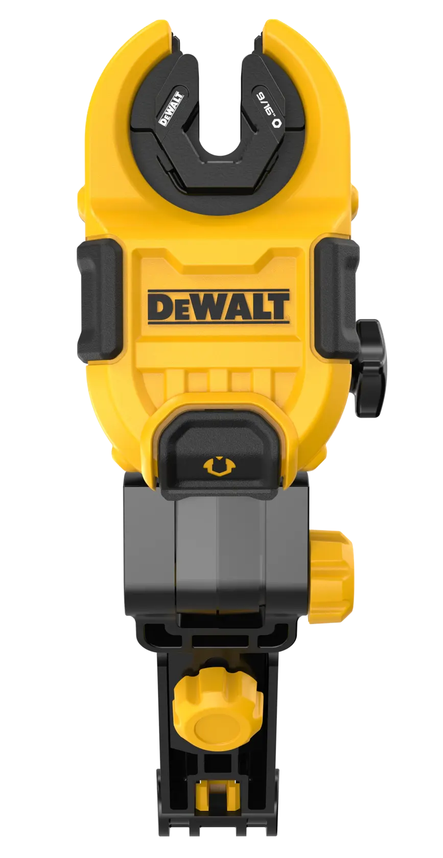 A yellow and black DEWALT pipe crimping tool, shown from the front with the brand name visible, designed for plumbing or construction use.