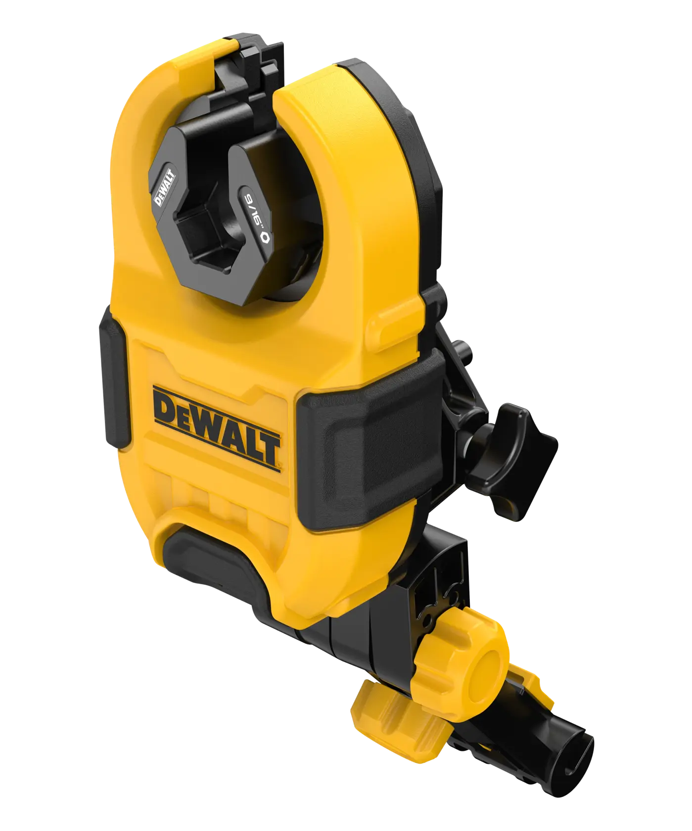 A DEWALT yellow and black photography accessory, designed for mounting and securing photography equipment, featuring adjustable components and the DEWALT logo on the front.
