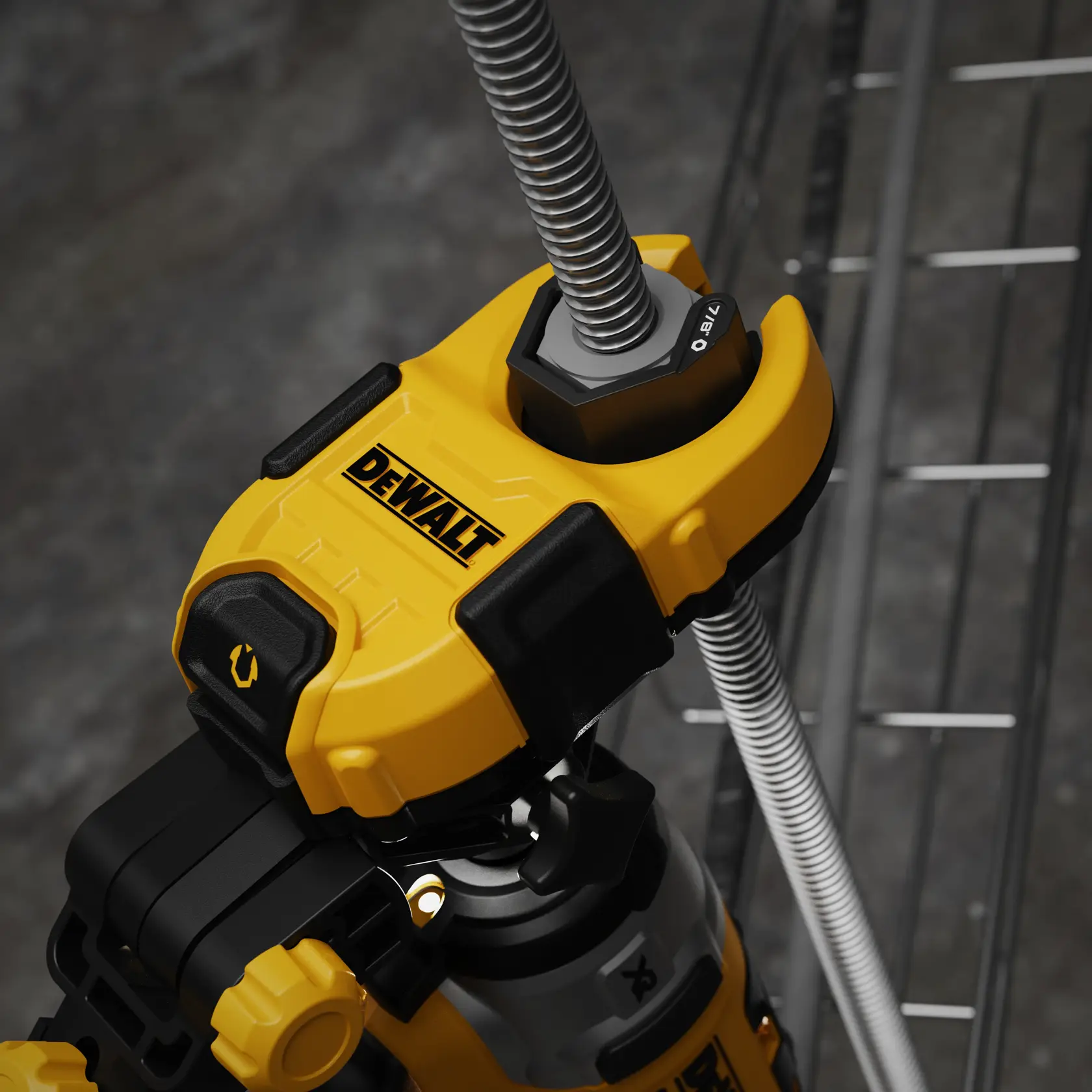 Close-up of a DEWALT tool gripping a threaded rod, with metal shelving in the background.