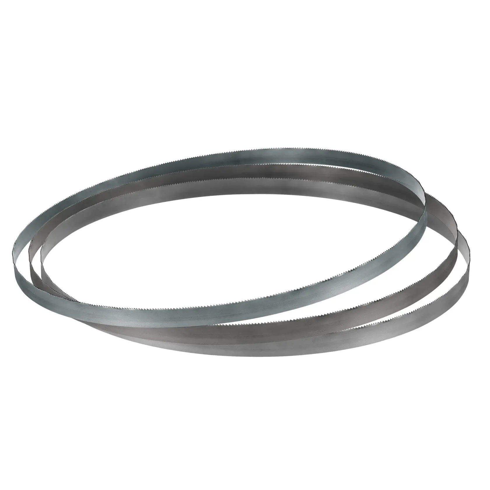 A metal band saw blade with fine teeth, coiled into a loop, used for cutting materials in woodworking and metalworking.