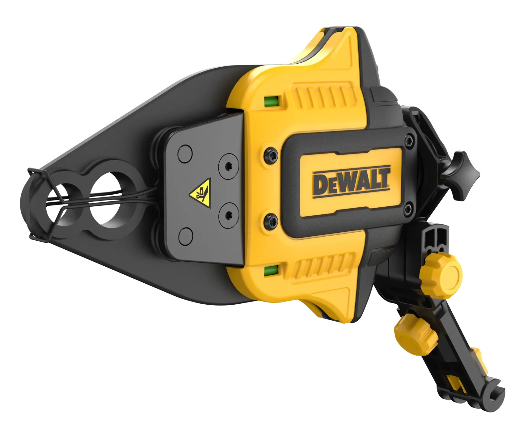 DEWALT DWAPXCIR yellow and black photography accessory with clamp, adjustment knobs, and mounting slots.