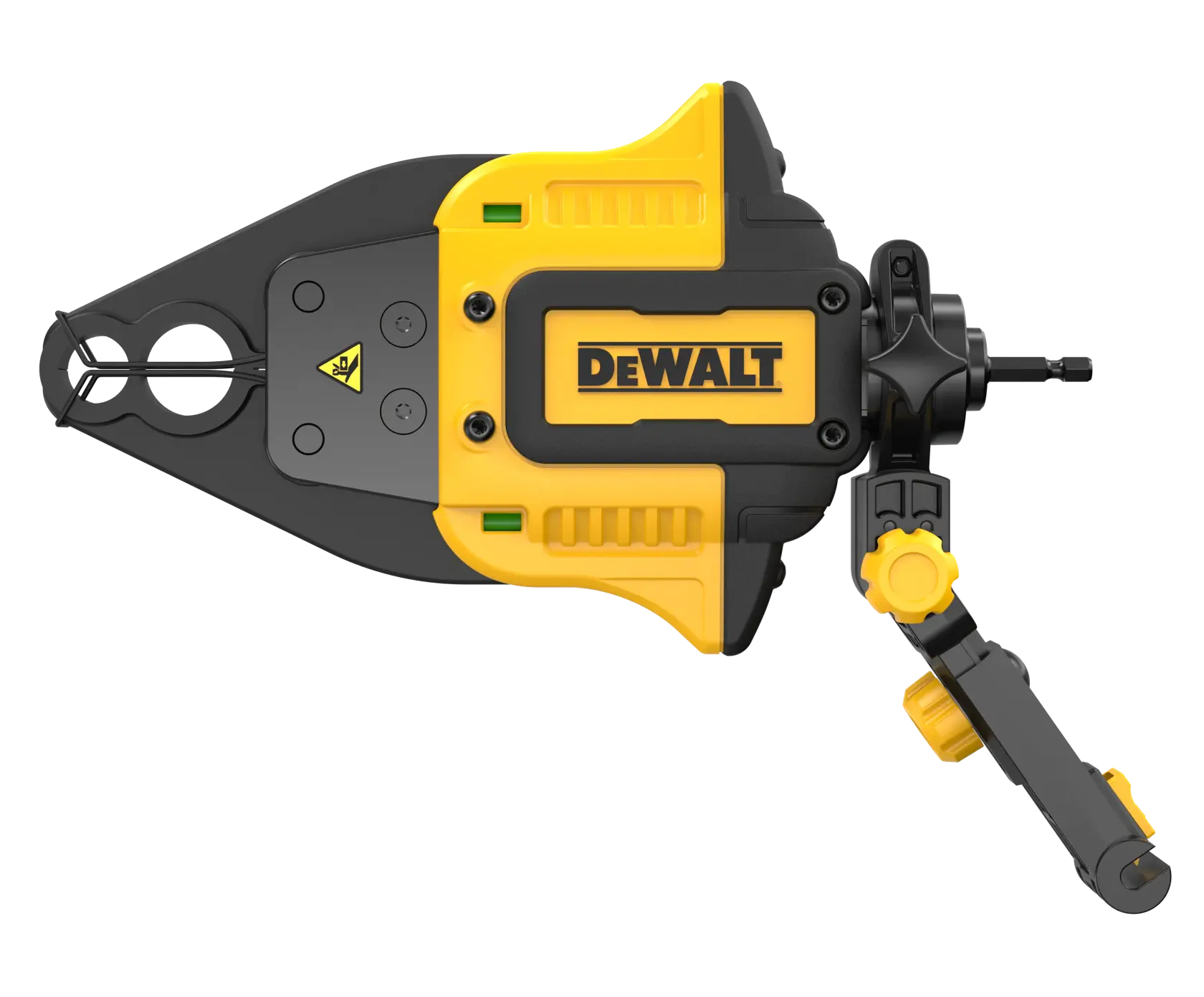 DEWALT DWAPXCIR photography tool with yellow and black casing and adjustable arm, shown on white background.